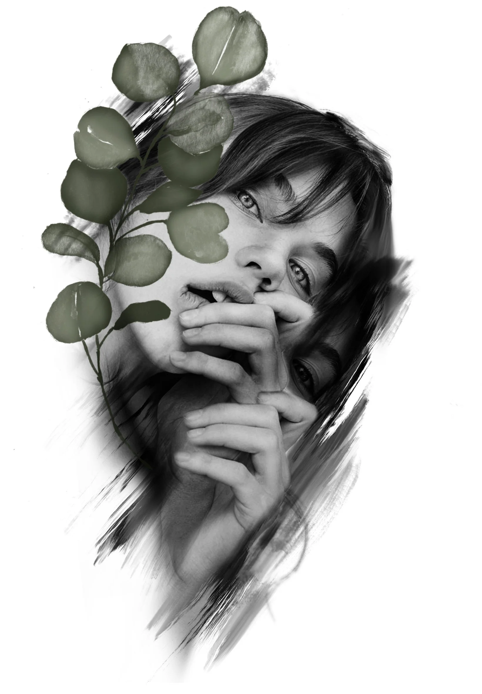 A black and white portrait of a woman with long hair, with a branch of green leaves partially covering her face, her hand near her mouth, and her eyes gazing at the camera.
