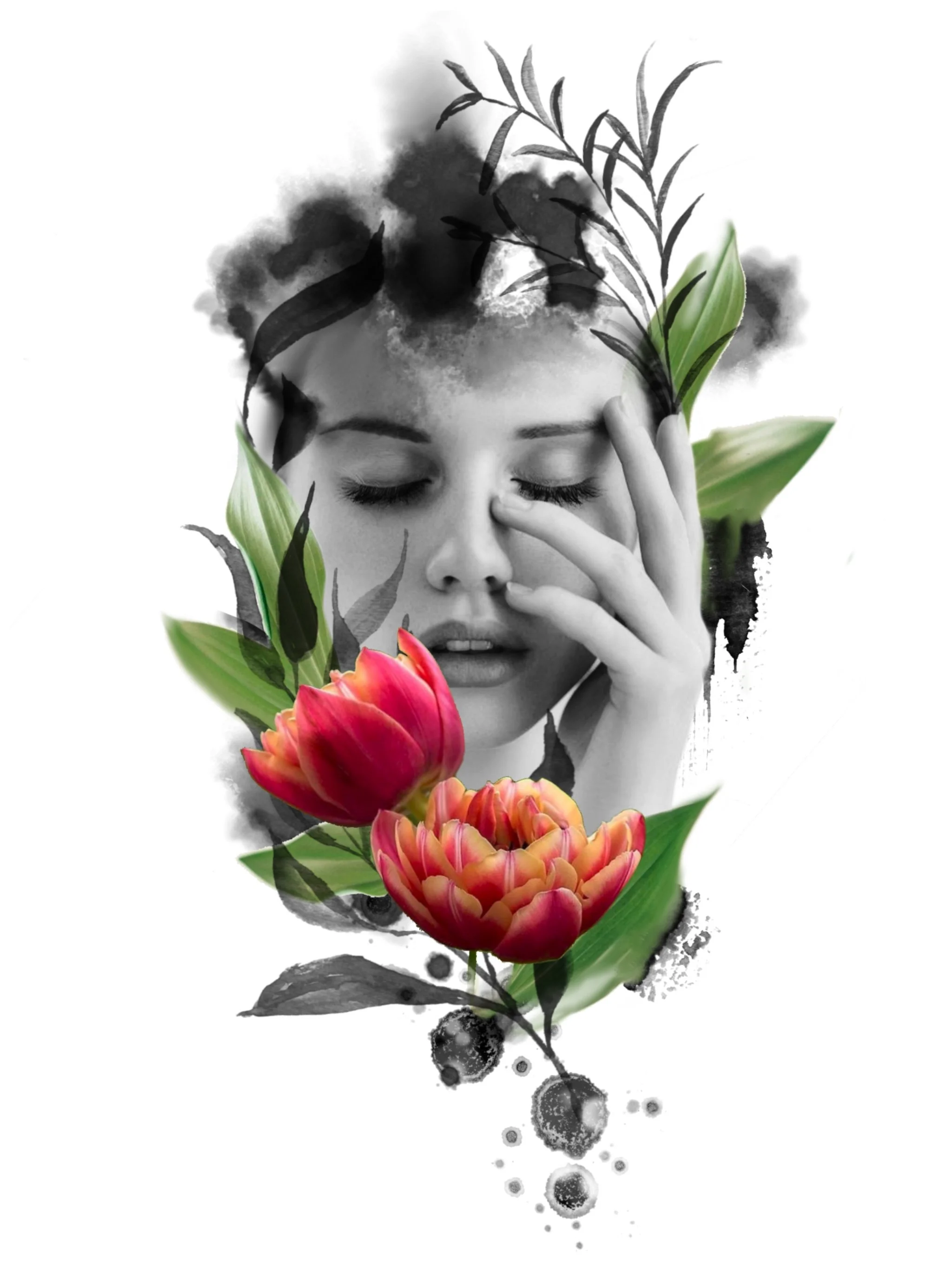 A black and white watercolor portrait of a woman with closed eyes, surrounded by colorful flowers and green leaves, with ink splashes at the bottom.