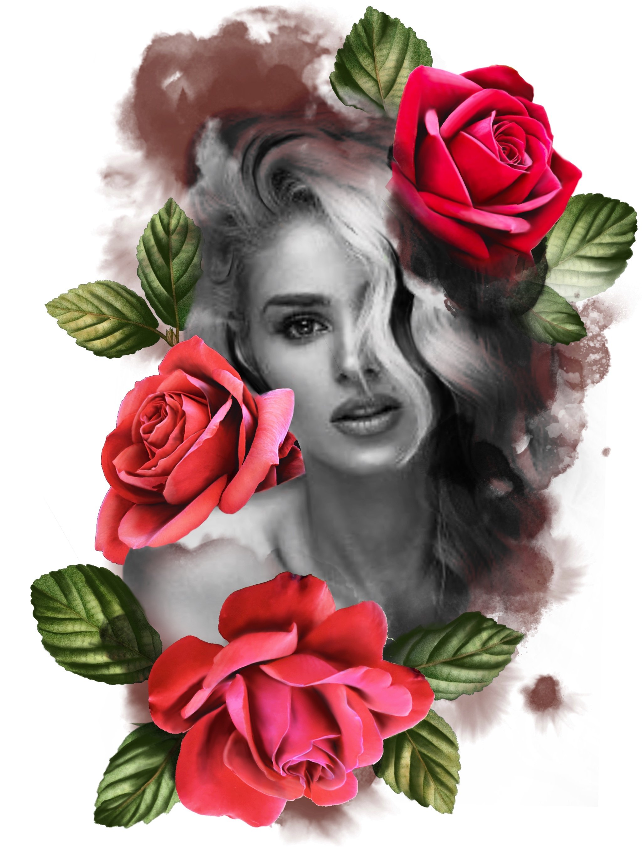 A black and white portrait of a woman with long wavy hair, surrounded by vibrant red roses and green leaves, with watercolor background effects.