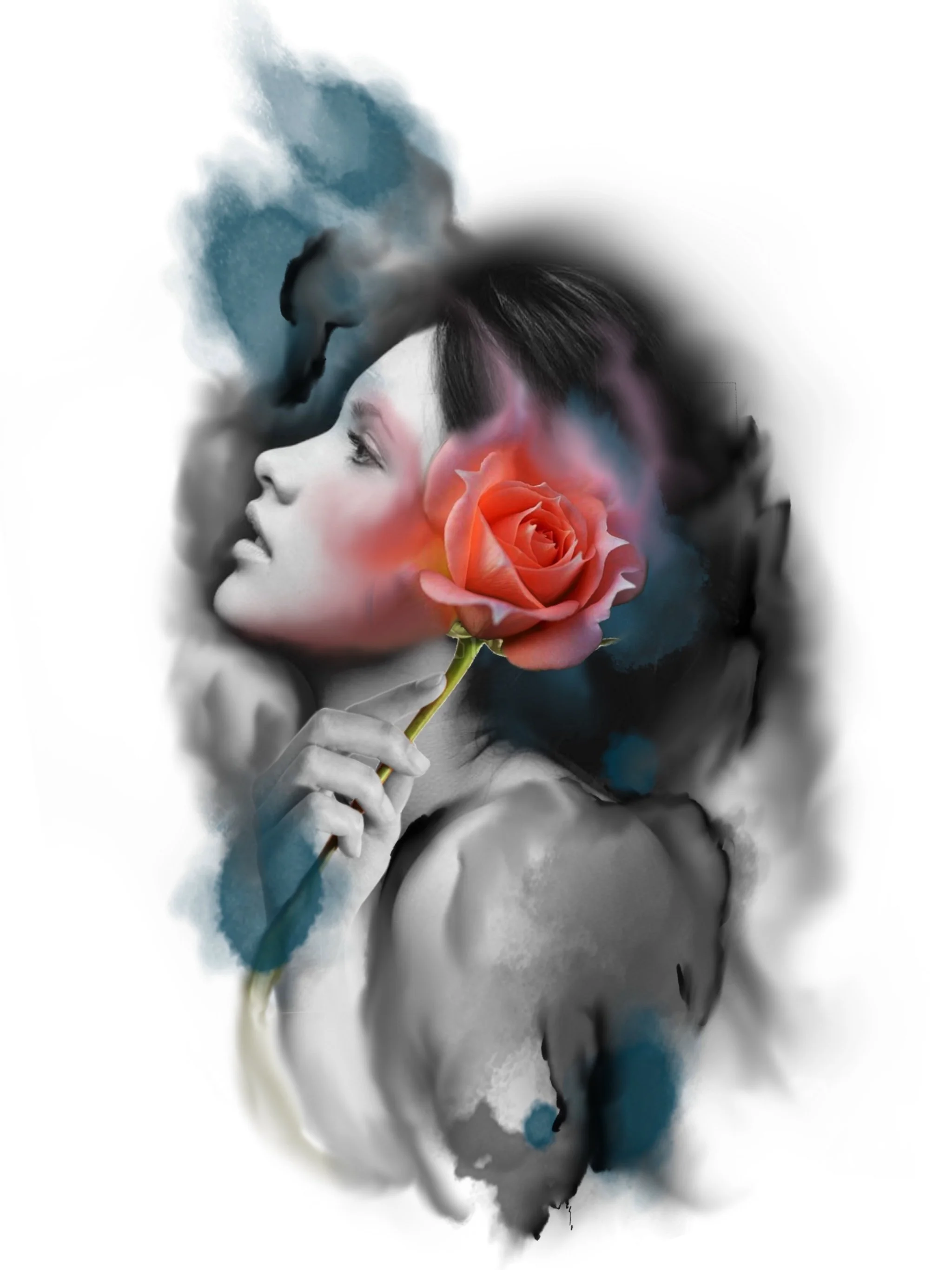 A woman holds a pink rose near her face, with her eye visible, surrounded by blue and black watercolor splashes creating a dreamy effect.