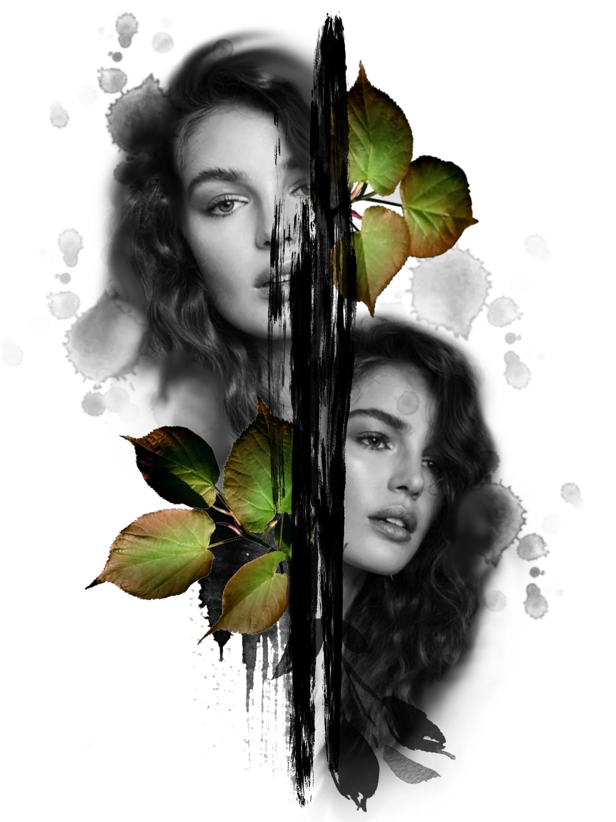 Black and white artistic photo of a woman with voluminous curly hair, partly obscured by colorful leaves and black paint streaks with ink splatters in the background.