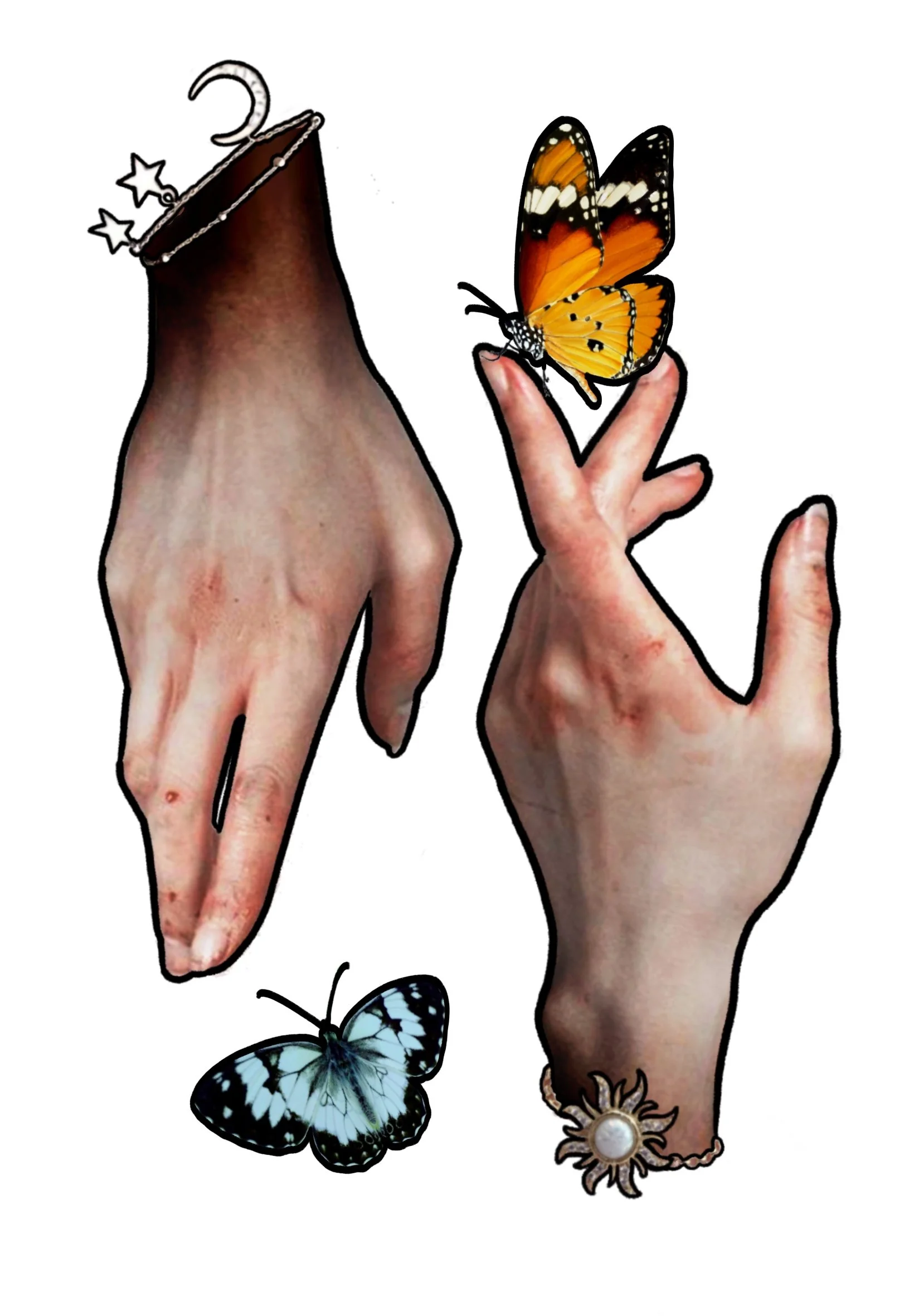 Two hands, one with an open palm and the other with a finger pointing upward, with a butterfly perched on the finger. The hands have jewelry, including a ring with a pearl and a floral bracelet. There is also a butterfly resting on a finger of the ha