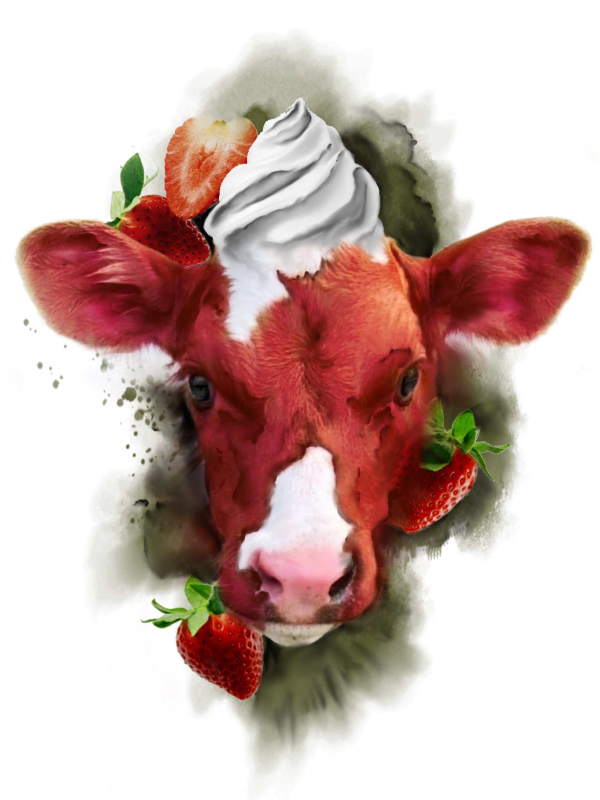 A collage featuring a cow's face, strawberries, and a dollop of whipped cream.