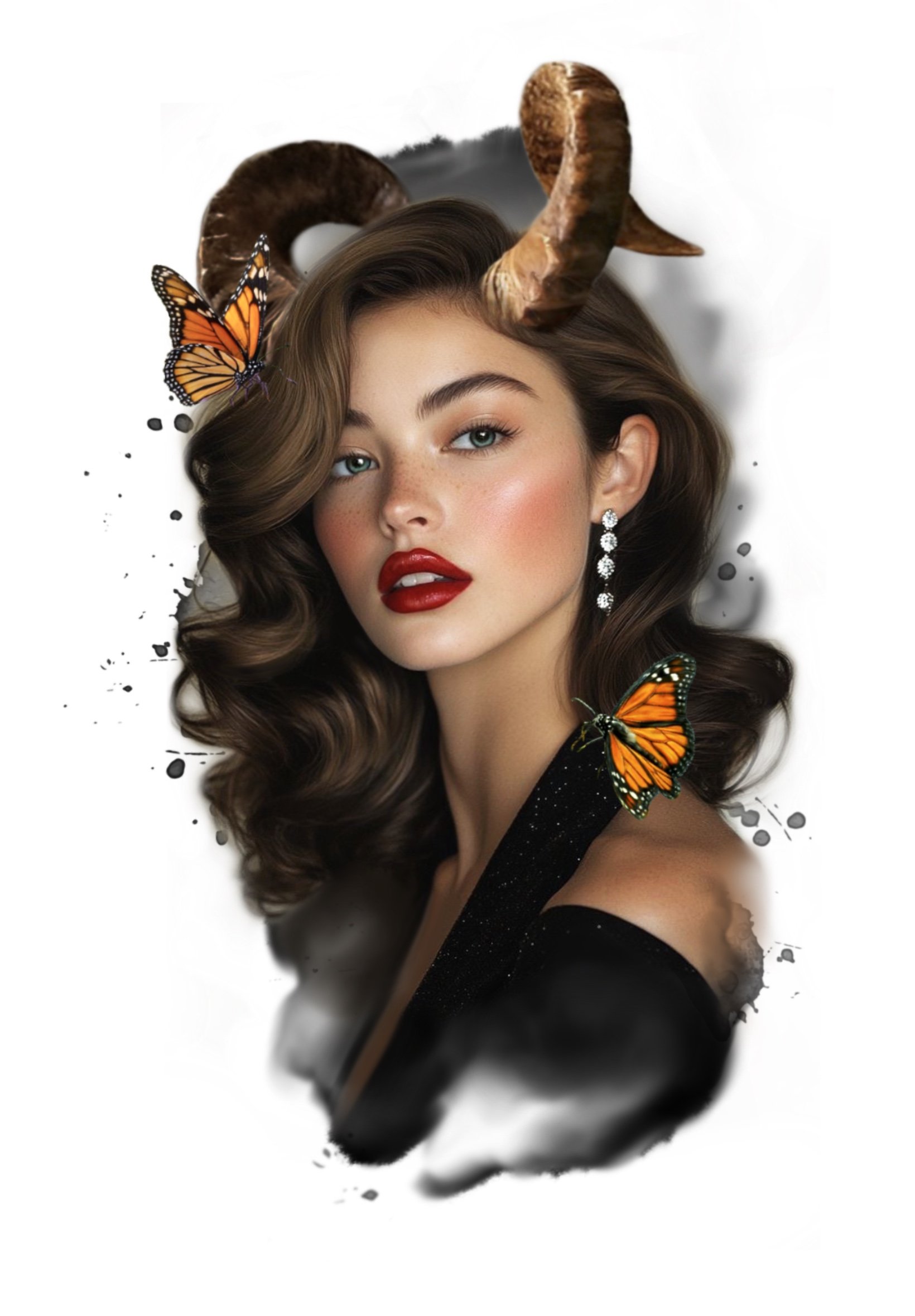 A woman with curly brown hair, red lipstick, and earrings posing with digital enhancements of ram horns and butterflies, and black ink splashes around her.