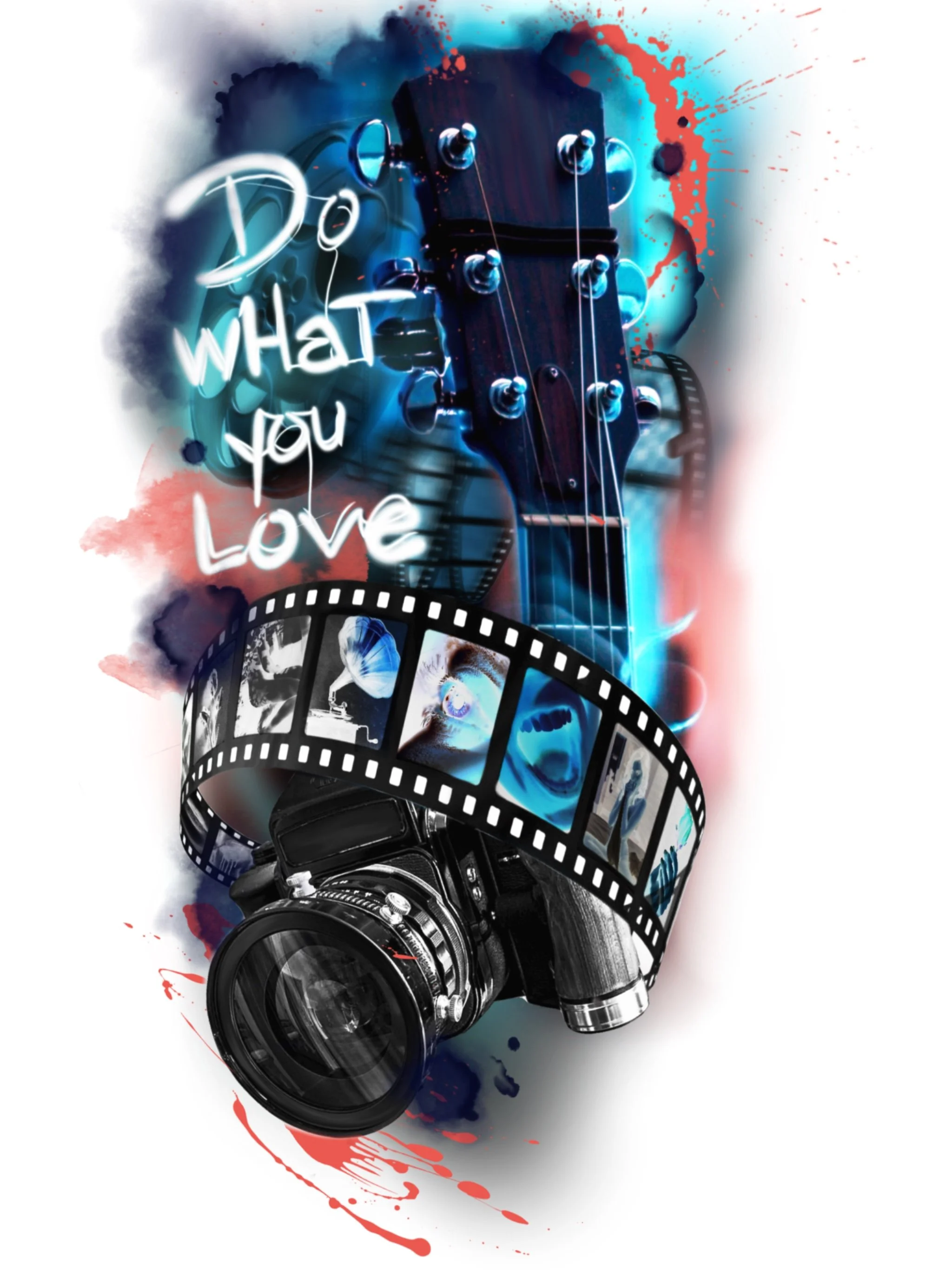 A digital artwork featuring a camera, a film strip with photographic images, a guitar headstock, and colorful paint splashes with the text "Do what you love" written in neon style.