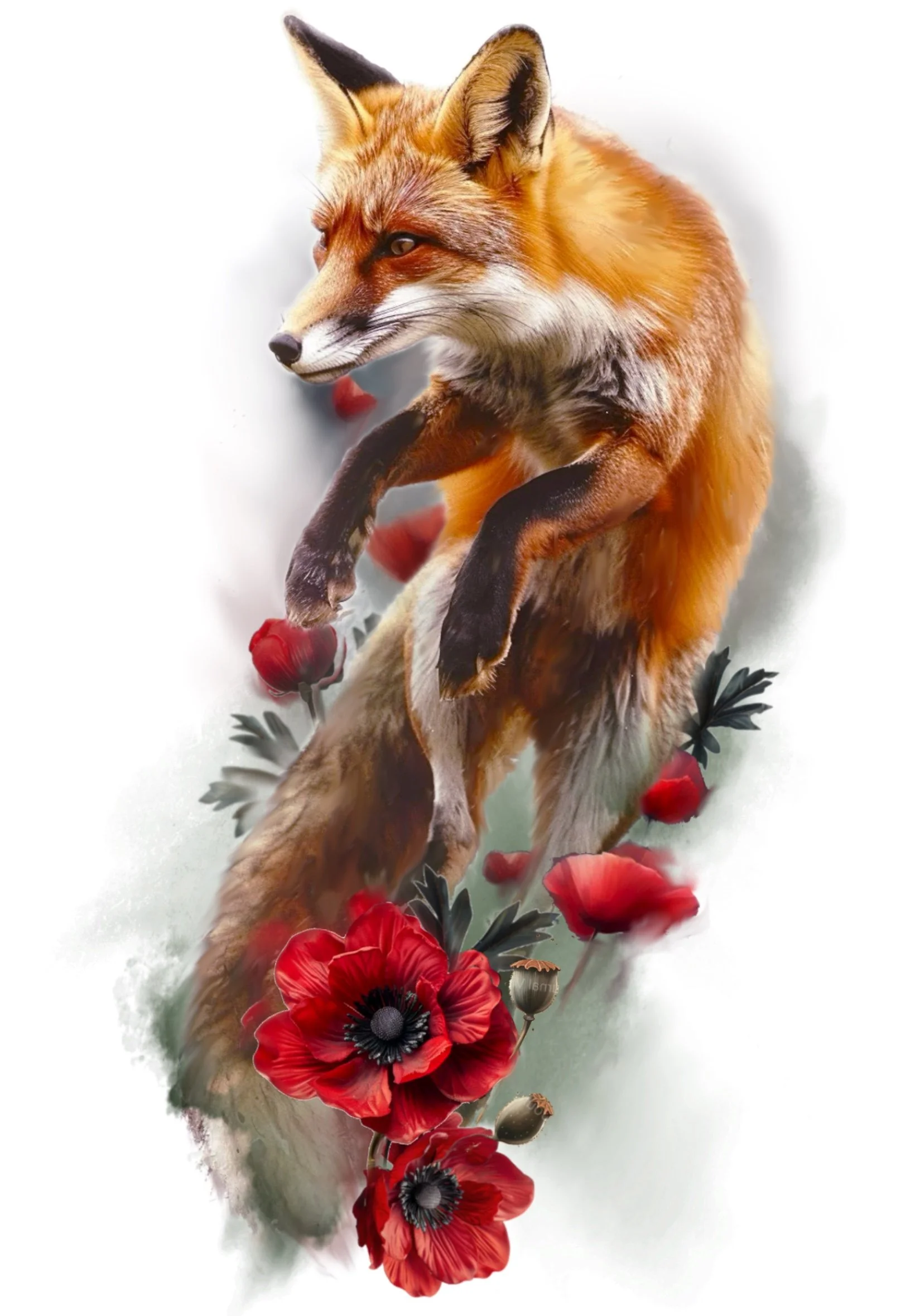 A fox standing among red poppy flowers with a white background.