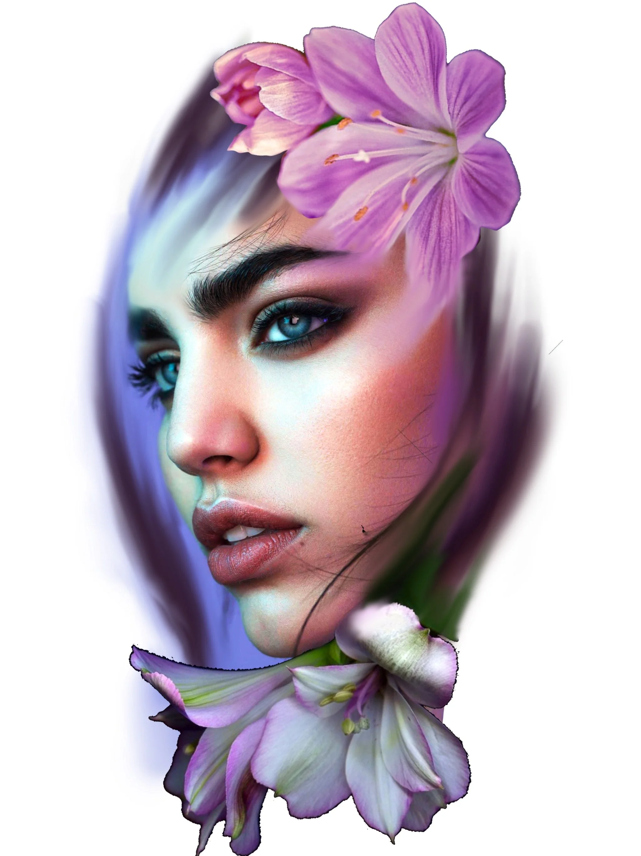 A close-up of a woman's face with striking blue eyes and vibrant makeup, overlaid with a large pink and purple flower, creating a surreal and artistic portrait.