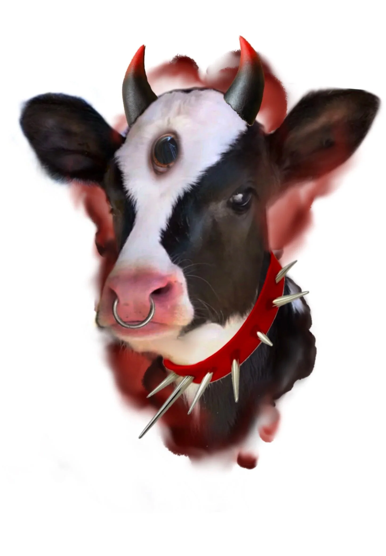 A digitally manipulated image of a baby cow with a devil horn and red collar with spikes, and a single eye on its forehead.