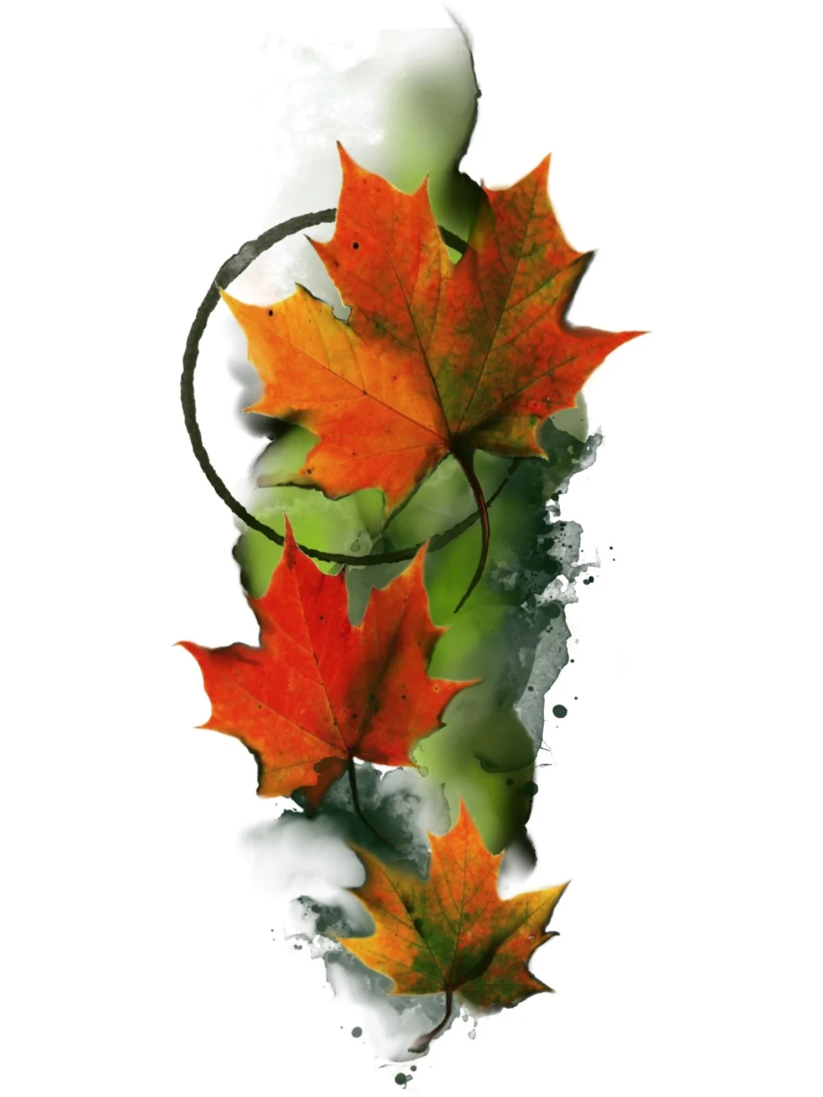 Watercolor painting of red, orange, and yellow autumn maple leaves arranged vertically.