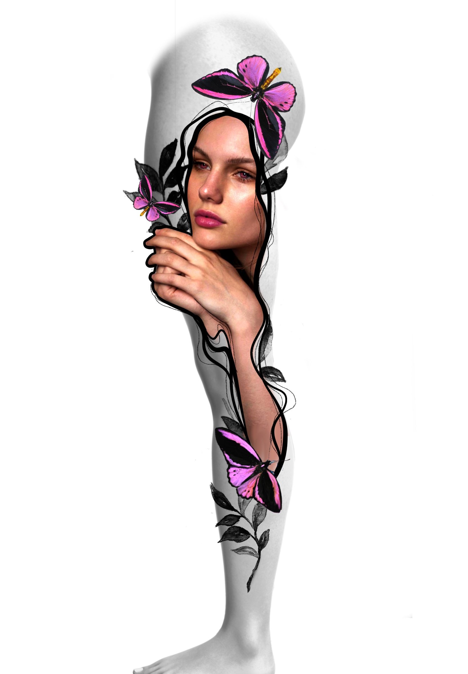 Black and white mannequin leg with a hand at the knee, decorated with pink and purple butterflies and black-green leaves, creating a floral design.