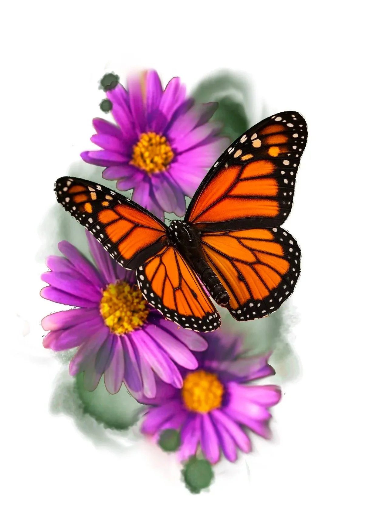 A monarch butterfly with orange and black wings resting on purple flowers with yellow centers.