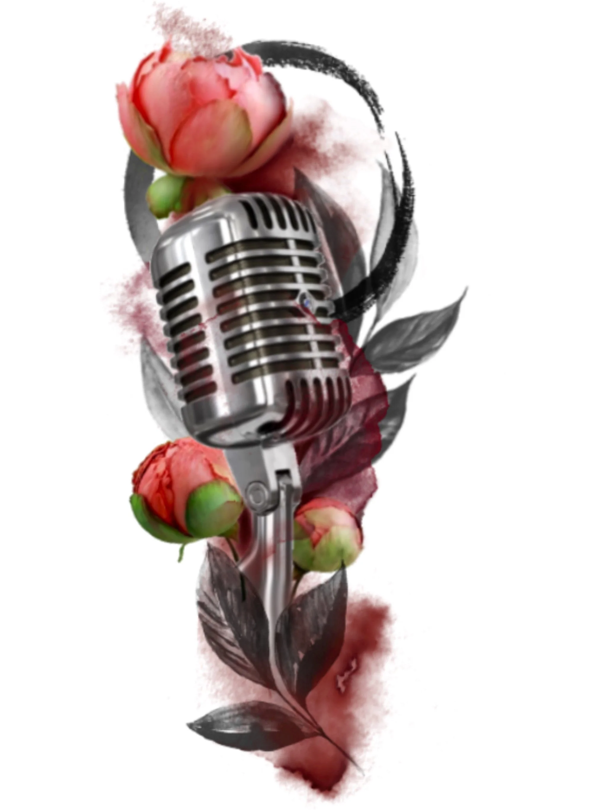 A vintage microphone surrounded by pink and green rosebuds and black leaves with an abstract watercolor background.