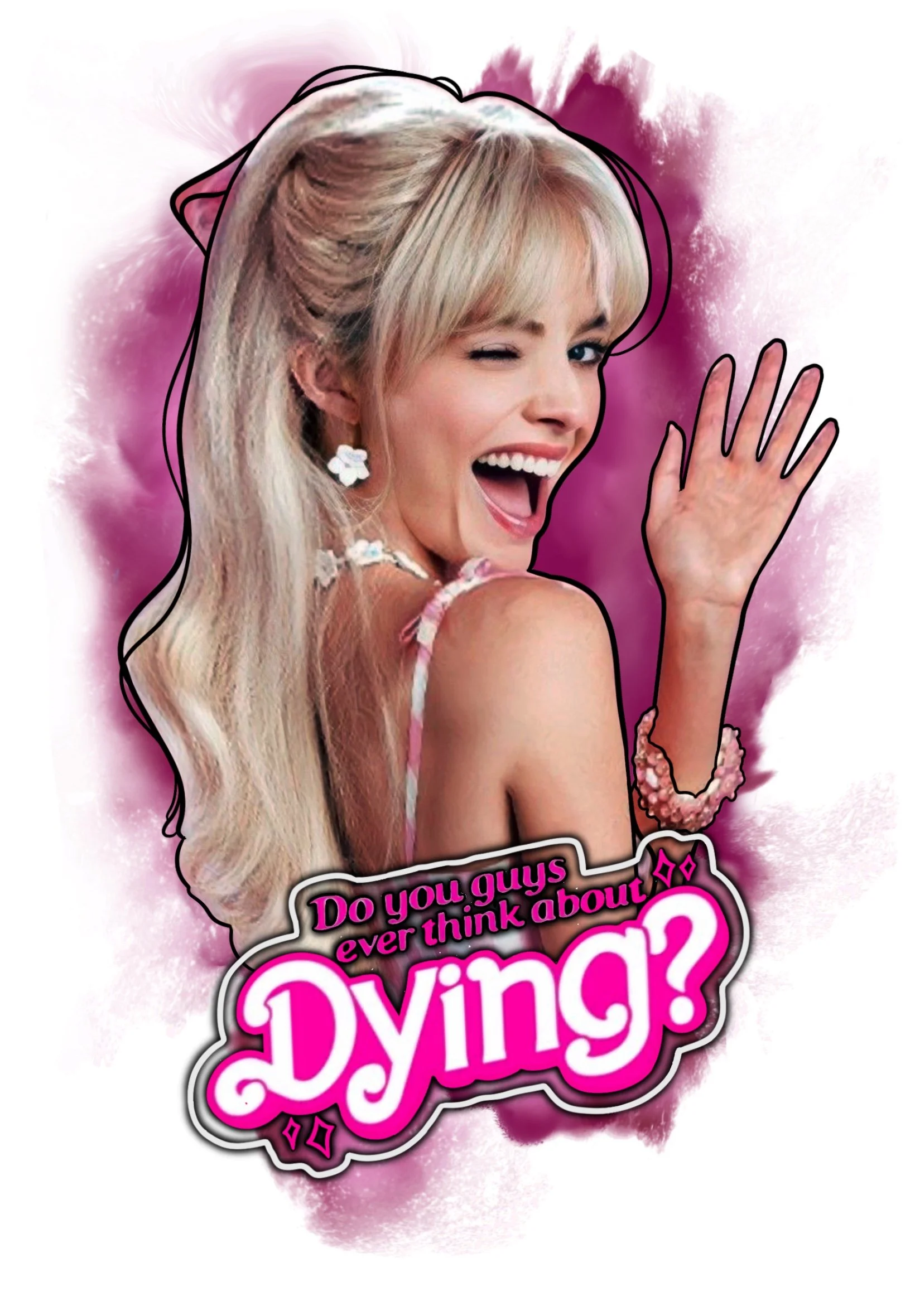A woman with long blonde hair styled in a high ponytail, winking, and smiling widely, with pink makeup and jewelry. The background features a pink watercolor splash. Text on the image reads, "Do you guys ever think about dying?" in bold pink and whit