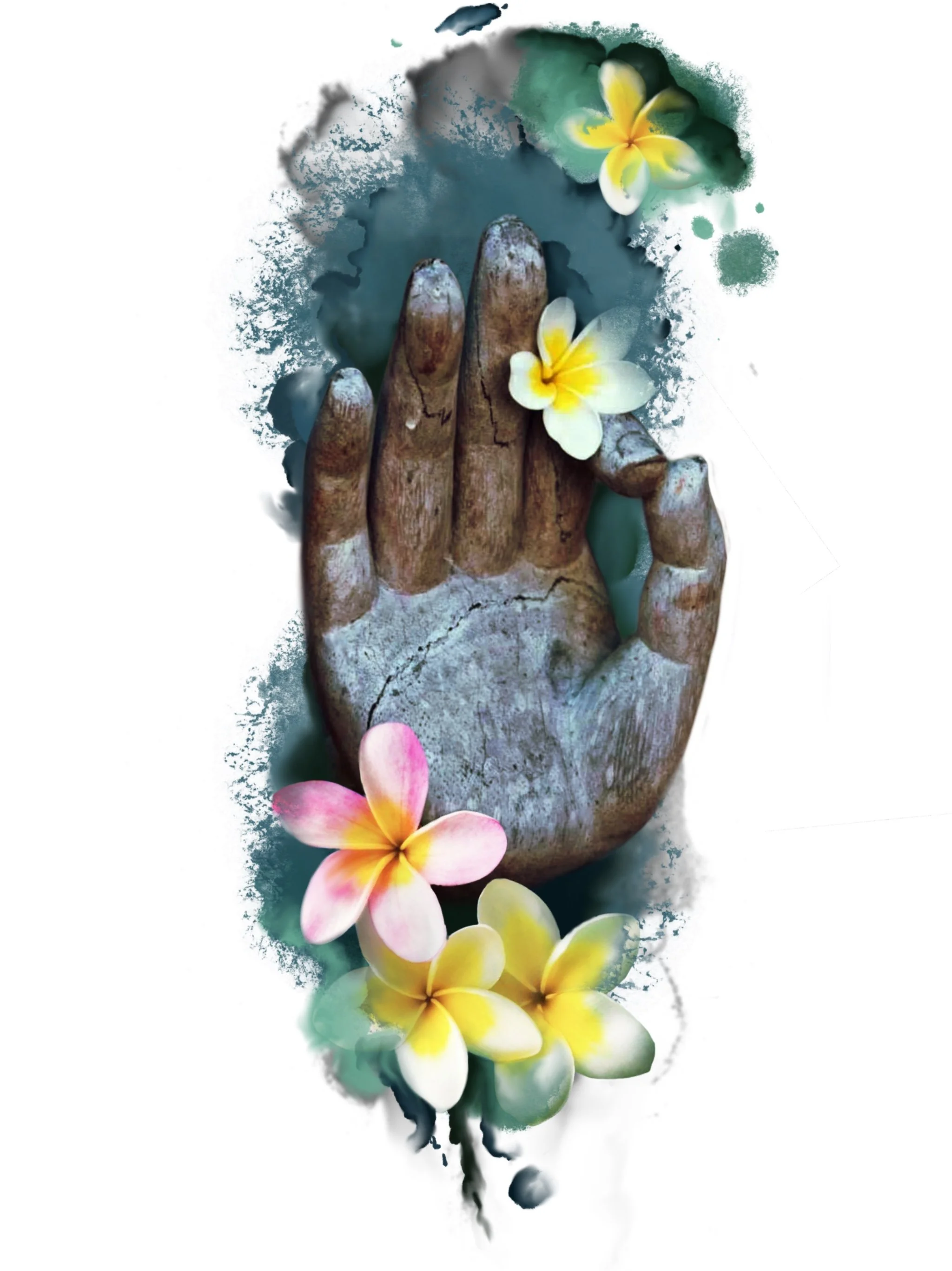 A watercolor-style illustration of a weathered wooden hand with five fingers, surrounded by yellow and pink plumeria flowers, with a dark green blurred background.