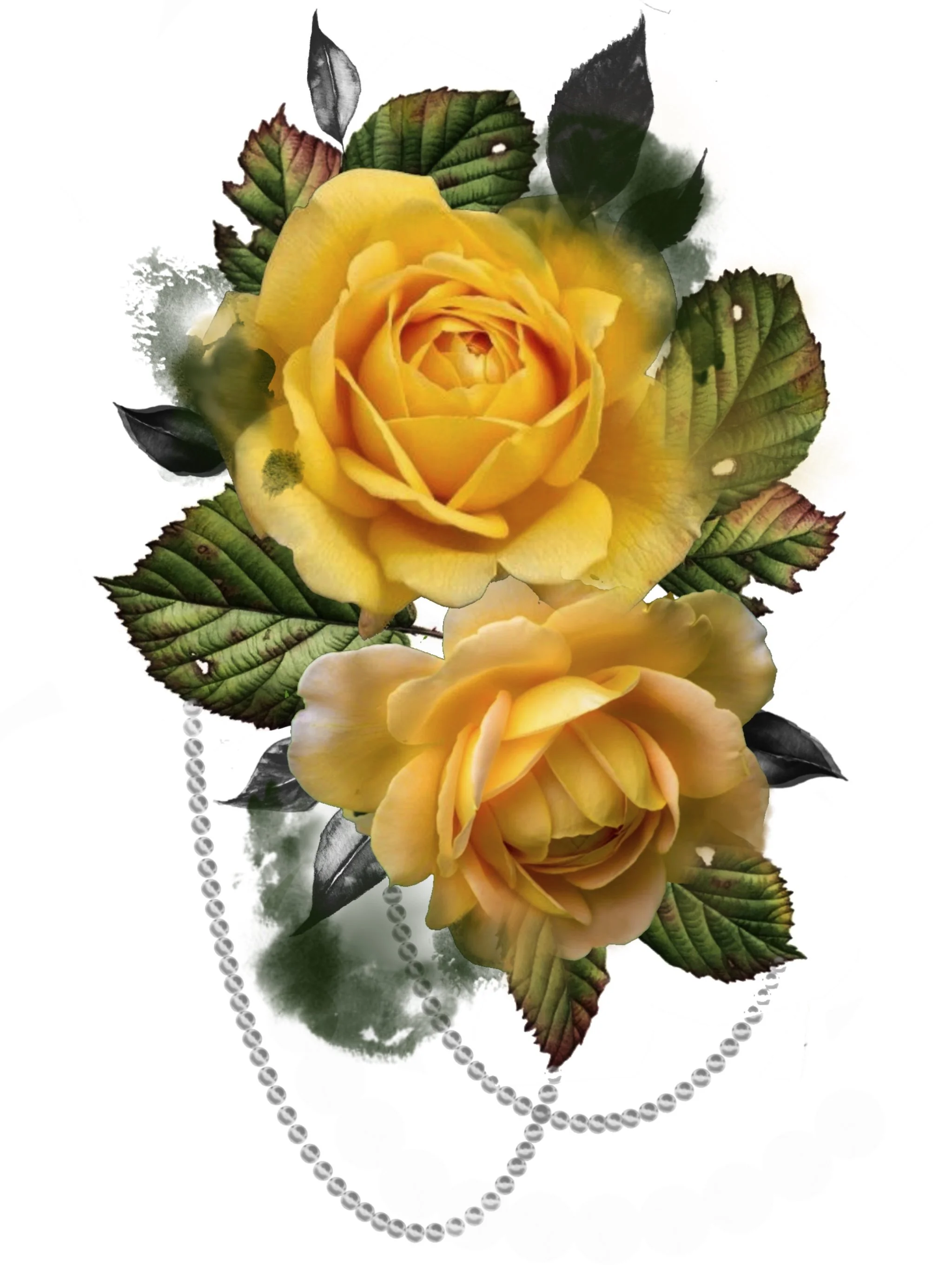 A yellow rose with green and brown leaves, with a string of pearl jewelry underneath the flower, on a white background.