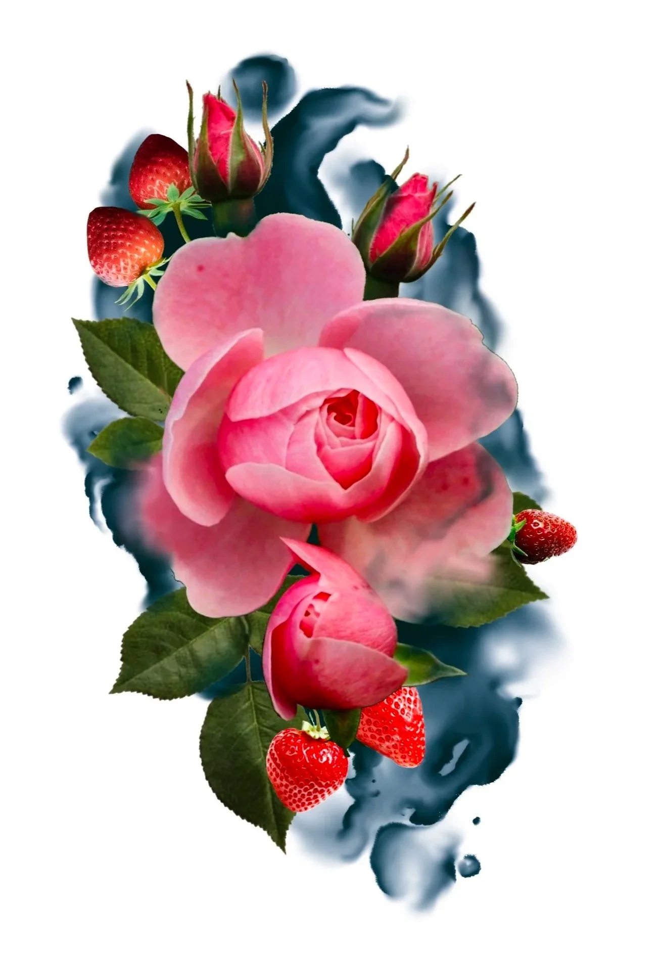 Pink roses, strawberries, and rosebuds arranged with green leaves on a white background with black ink splashes.