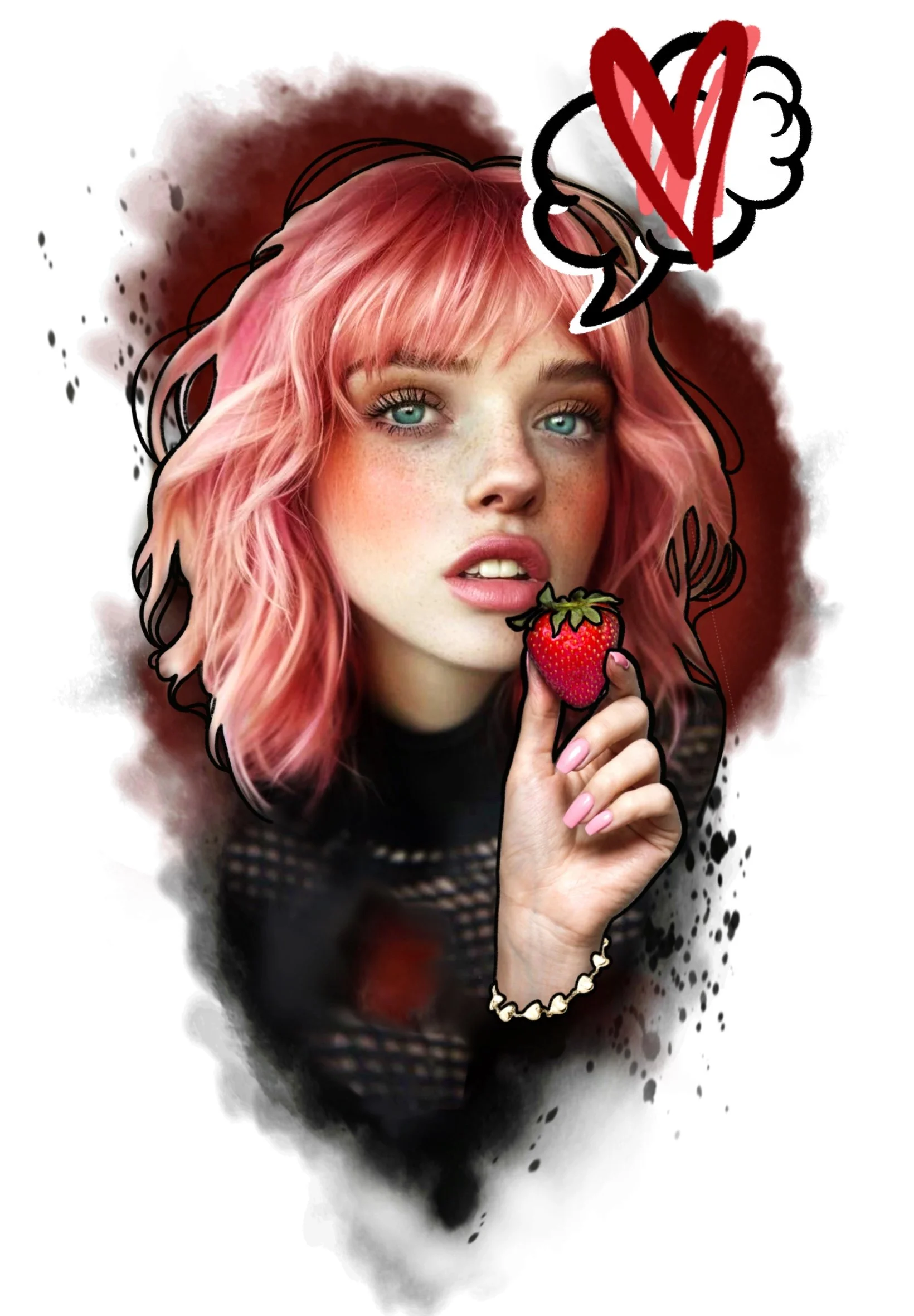 A young woman with pink hair holding a strawberry, with animated doodles of a heart and a strawberry above her head and around her face.