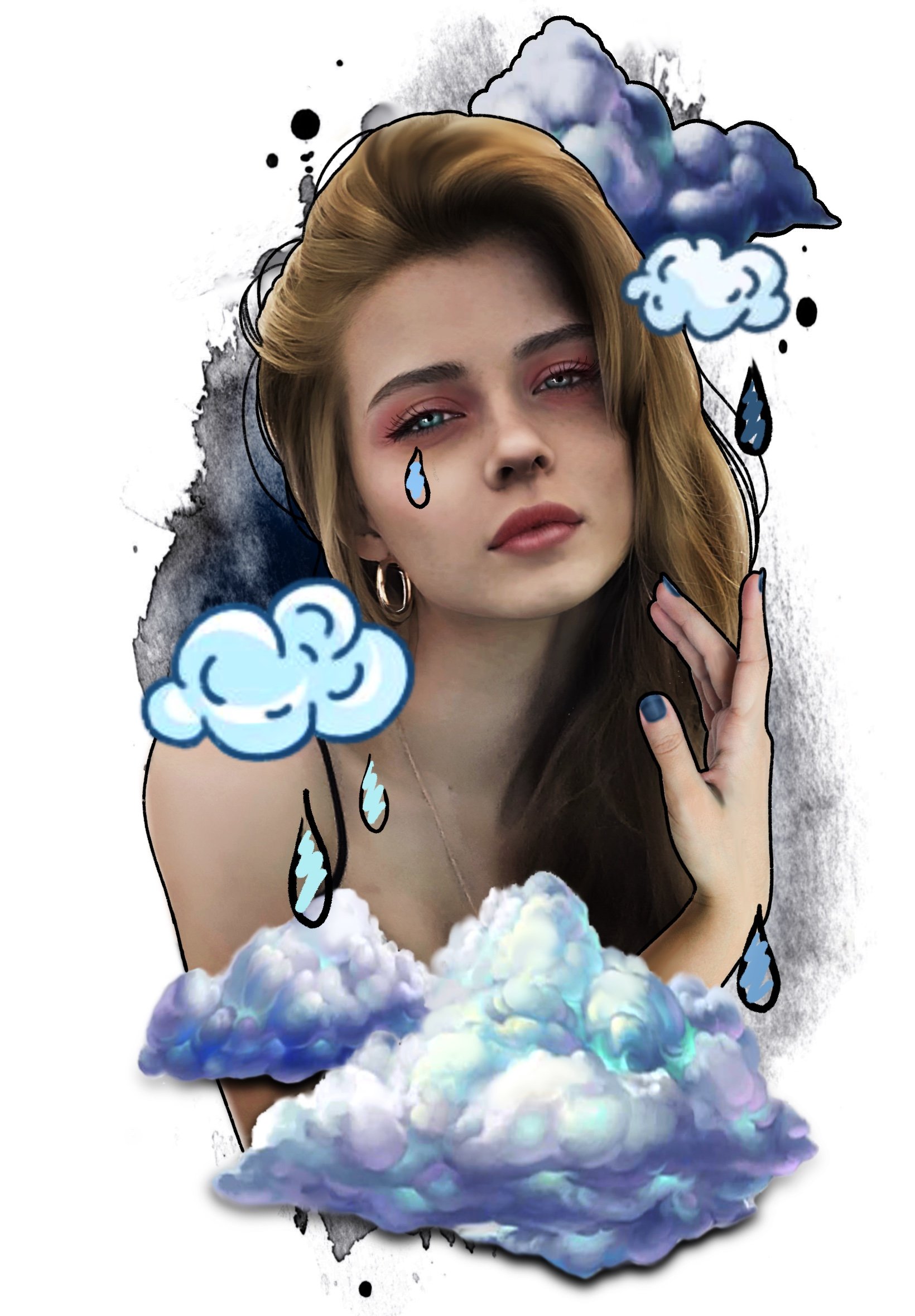 A young woman with reddish-brown hair and blue eyes, surrounded by blue and white clouds and rain droplets, digitally edited with a watercolor and comic-style overlay.