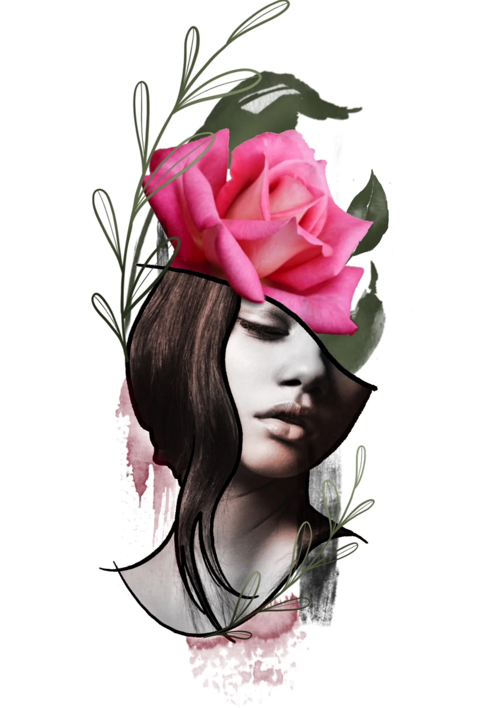 A mixed media artwork featuring a black-and-white portrait of a woman with long hair, overlaid with a pink rose and green leaves, with watercolor splashes.