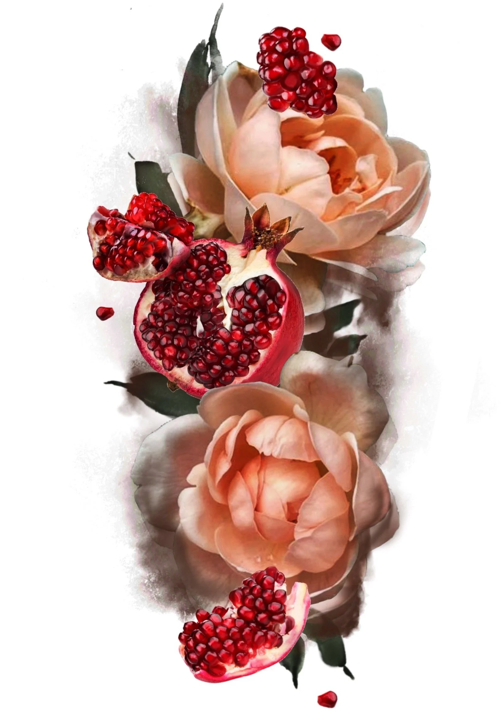 A vertical arrangement of peach-colored roses and pomegranates, some of which are sliced open showing red seeds, against a white background.