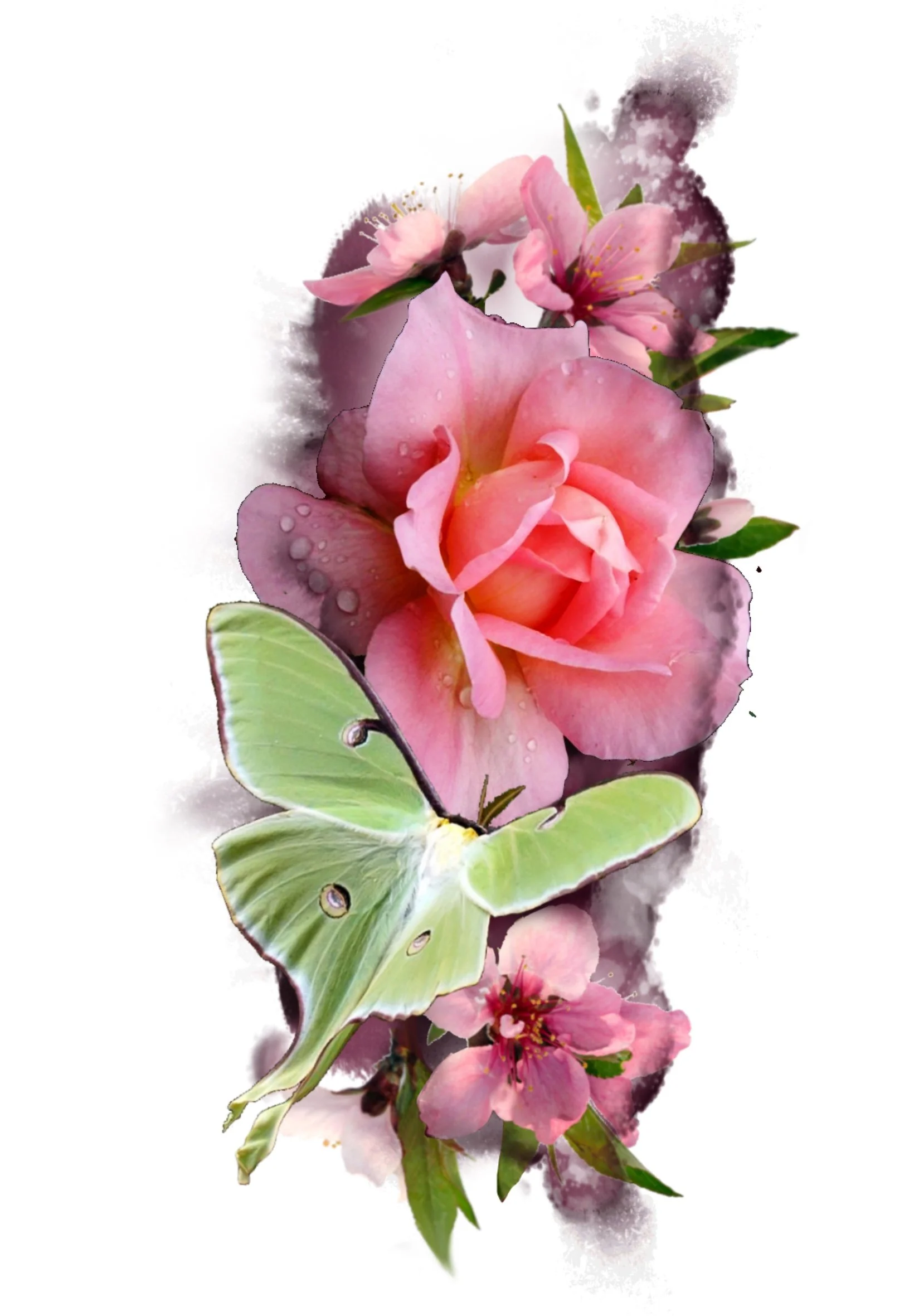 A digital artwork featuring pink flowers and green leaves with a watercolor effect and dark purple accents on a white background.