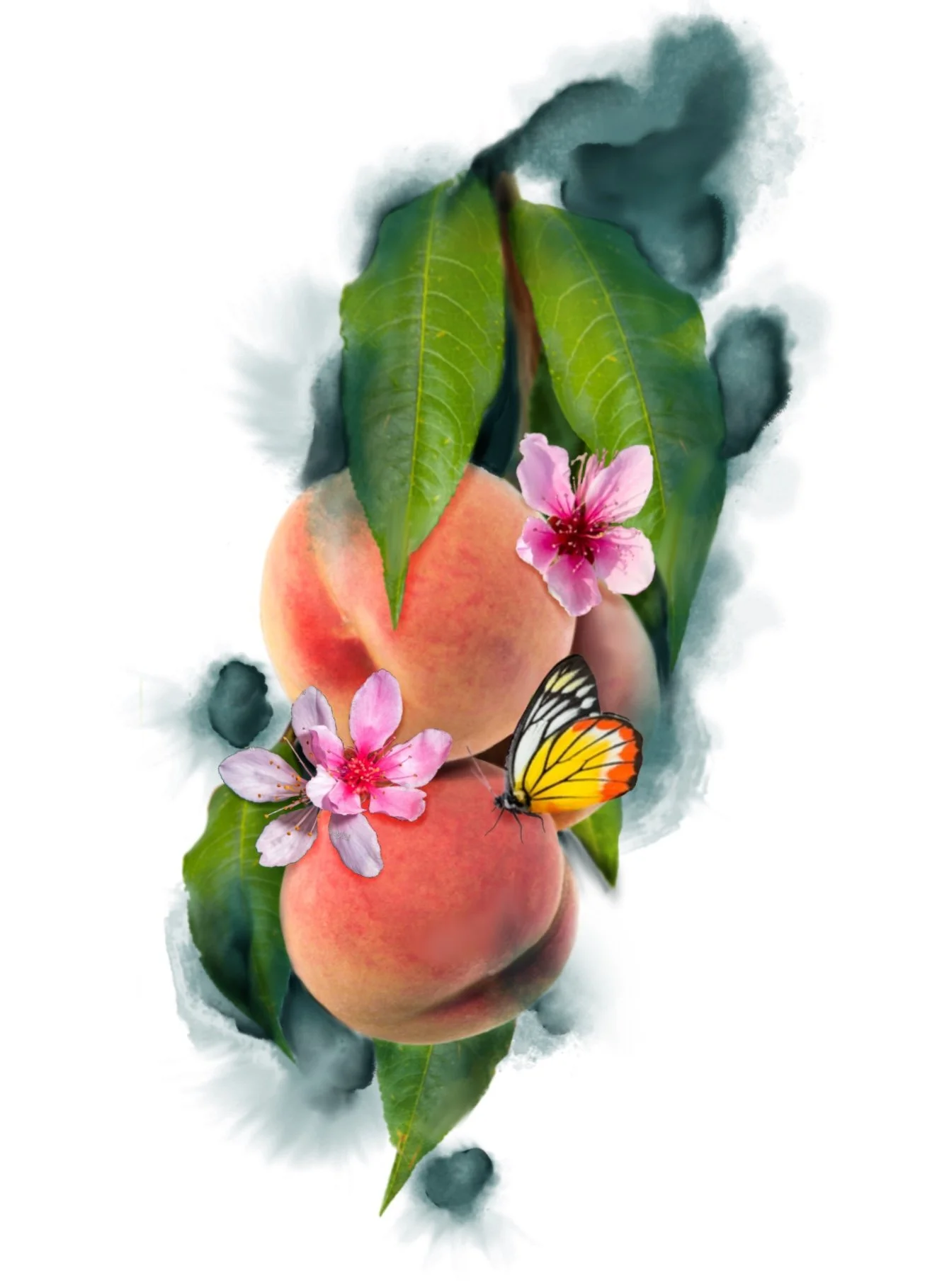 Watercolor-style painting of peaches hanging from a branch with green leaves, pink blossoms, and a yellow butterfly.