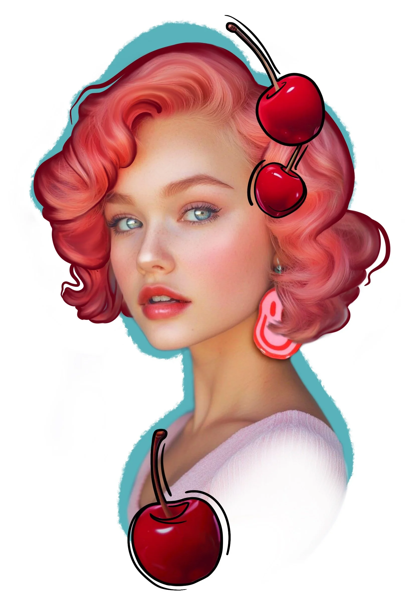 Young woman with styled pink hair, blue eyes, and pink lipstick, wearing colorful earrings, with illustrated cherries superimposed around her head.