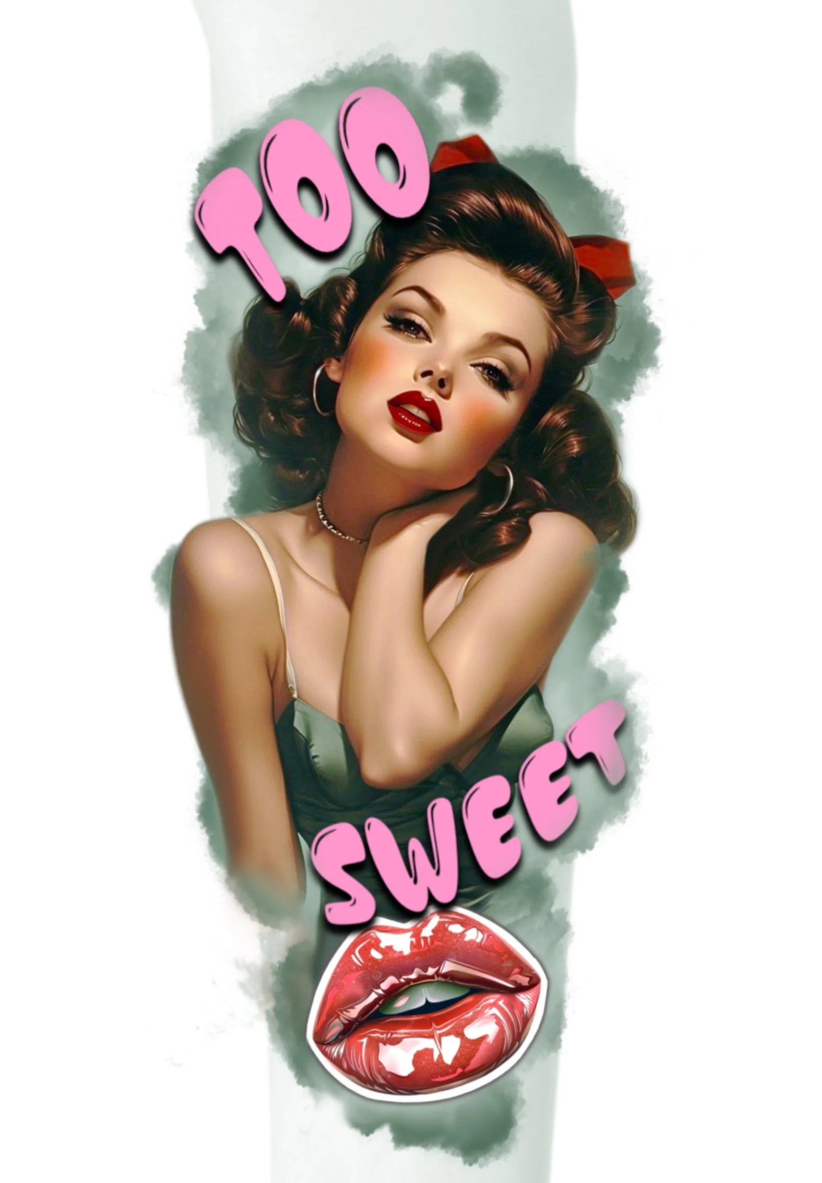 A vintage 1950s-style pin-up woman with curly hair and red lipstick, resting her chin on her hand, with the words 'TOO SWEET' in pink comic-style letters above her head, and a large red lipstick kiss mark below.