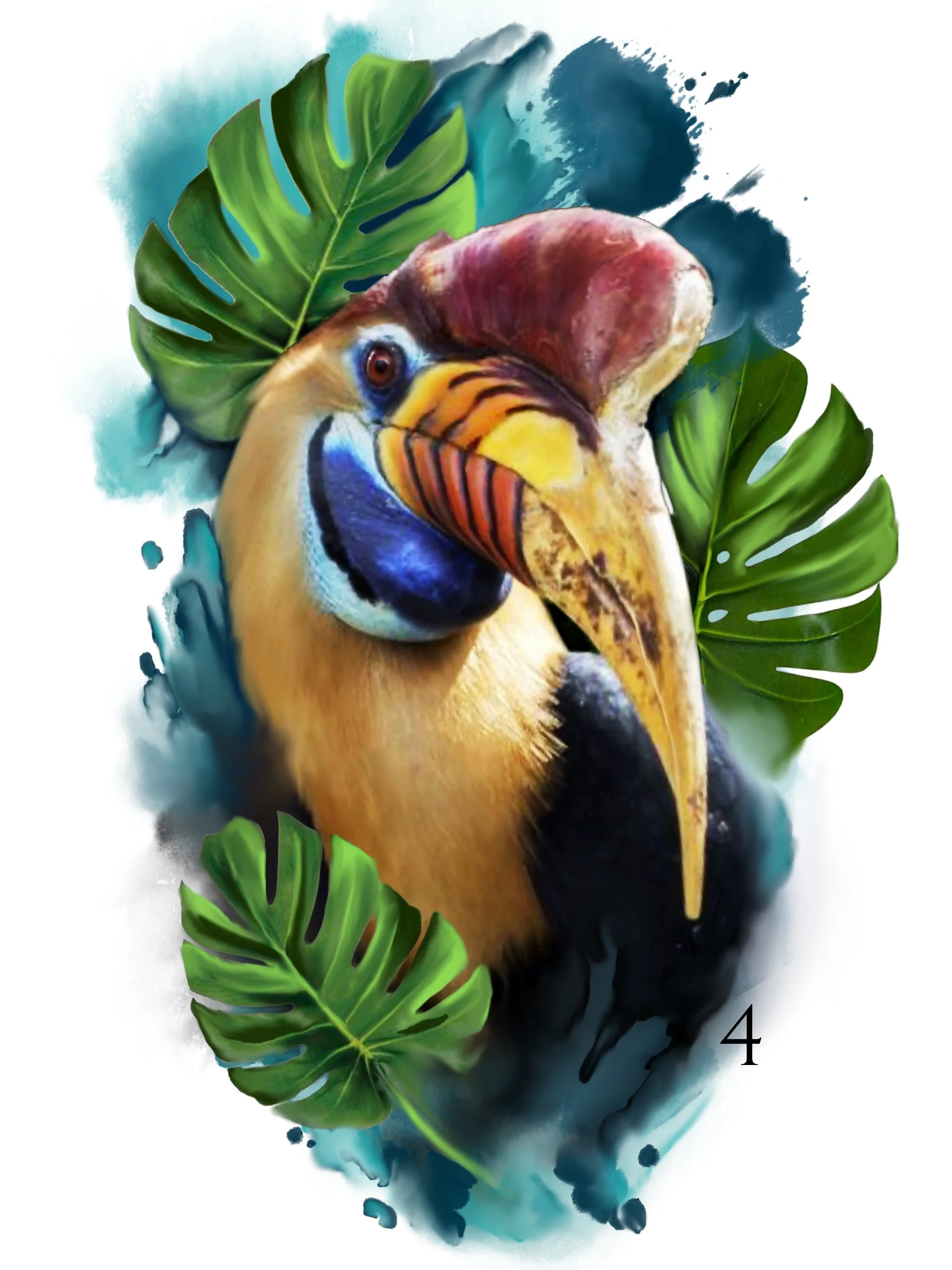 A colorful illustration of a toucan surrounded by green tropical leaves and blue watercolor splashes.