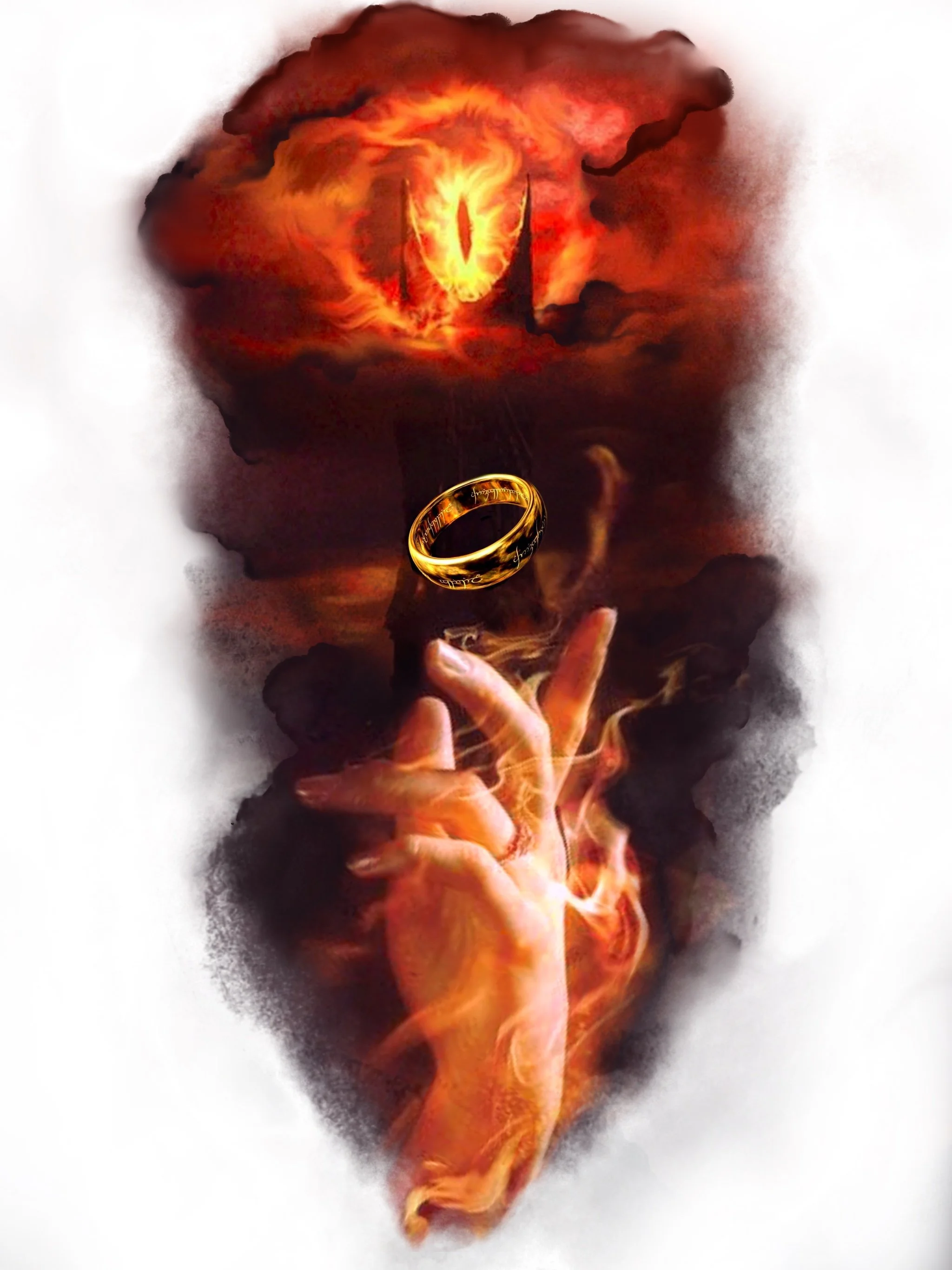 A person holding a ring with lighting effects around the hand and ring, creating a fiery or smoky appearance.