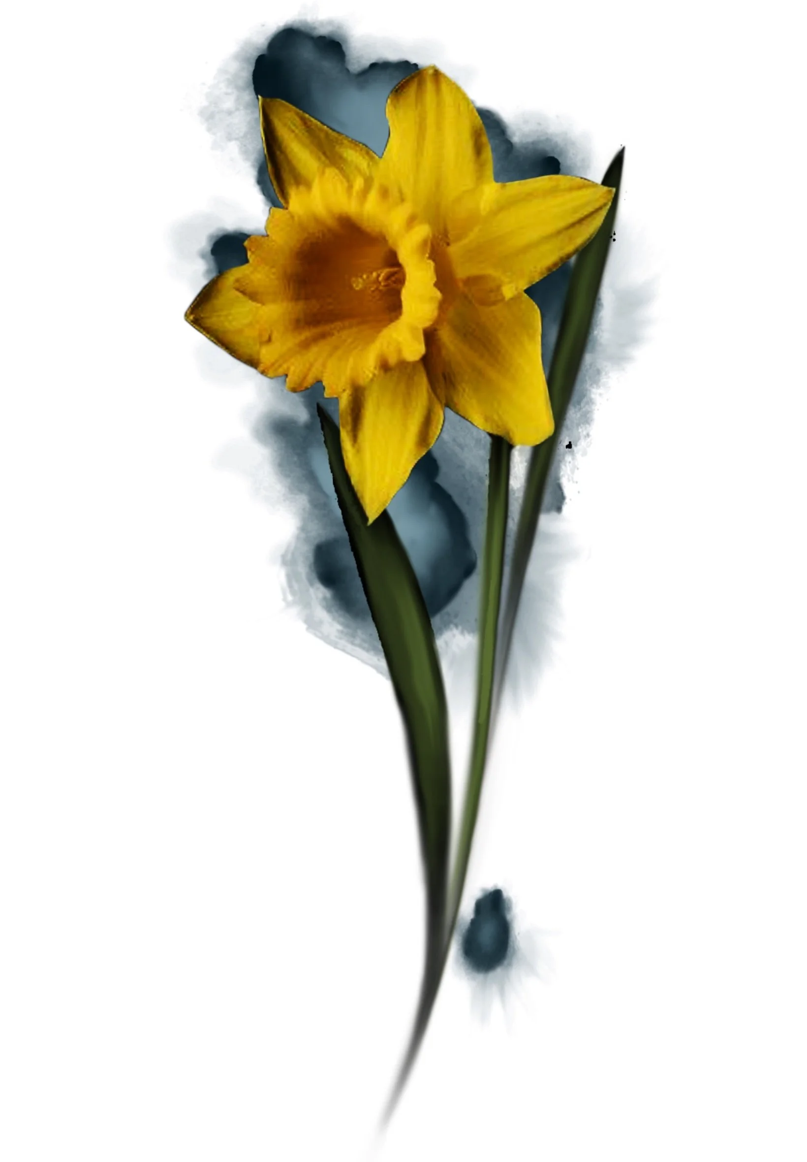A watercolor painting of a yellow daffodil with a dark orange center, green stem, and leaves against a soft, cloudy background.