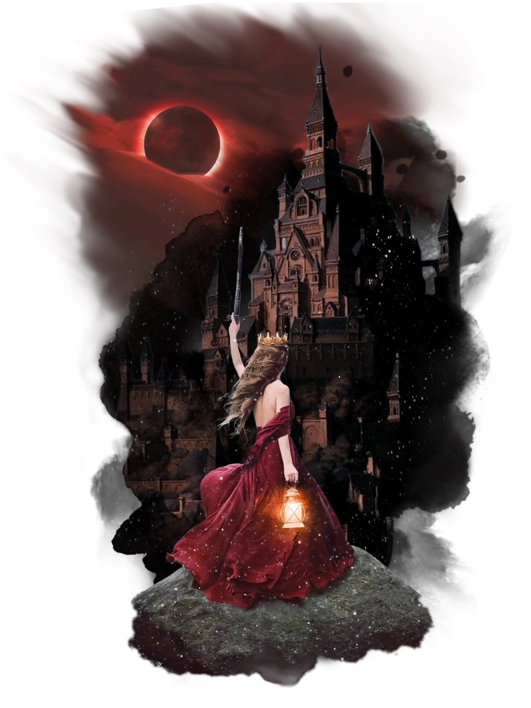 A woman in a long red dress holding a lantern, standing in front of a haunted castle under a dark, ominous sky with a lunar eclipse.
