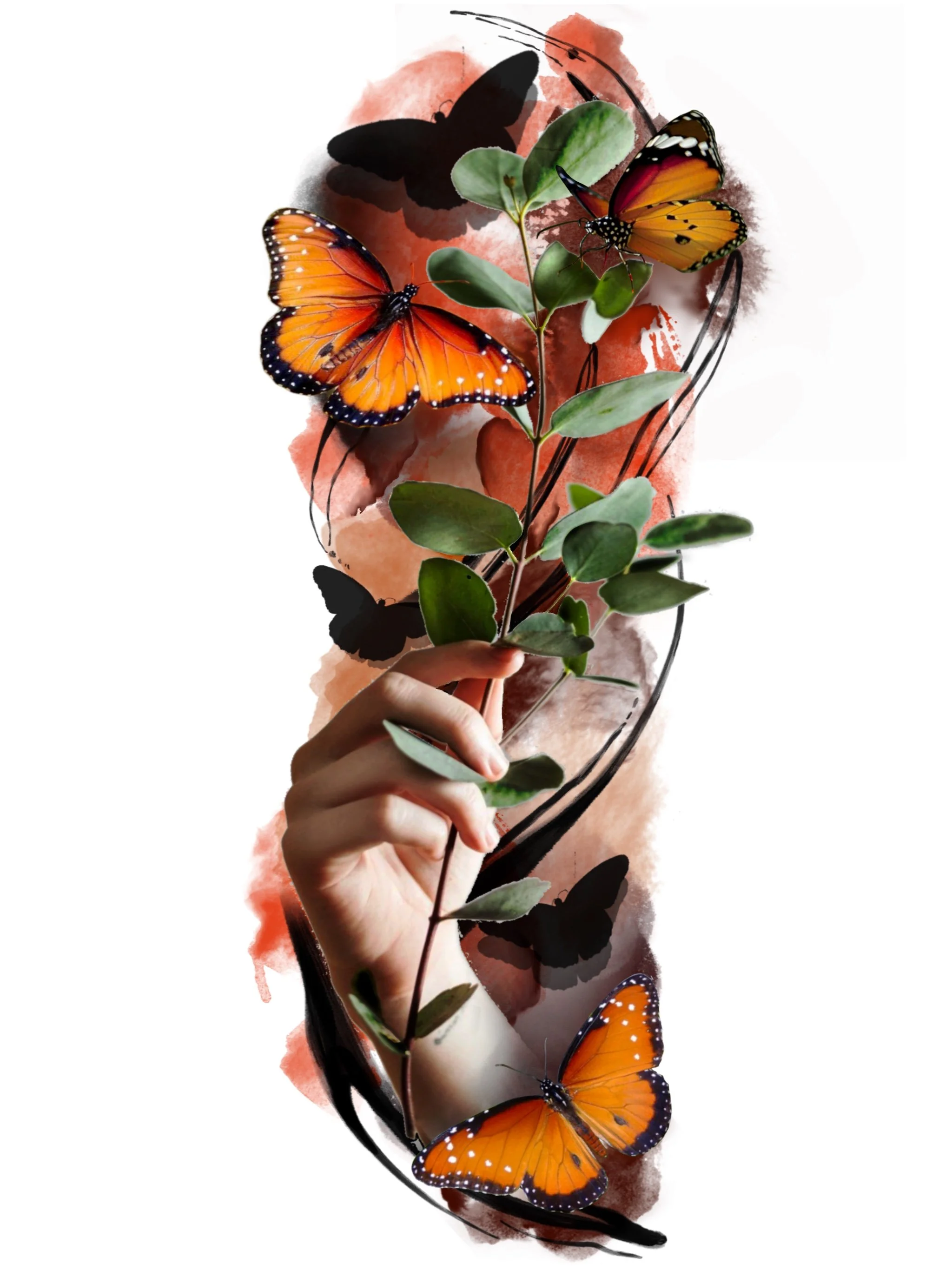 A hand holding a green leafy stem with orange butterflies and black butterflies around it, with a watercolor-style red background.