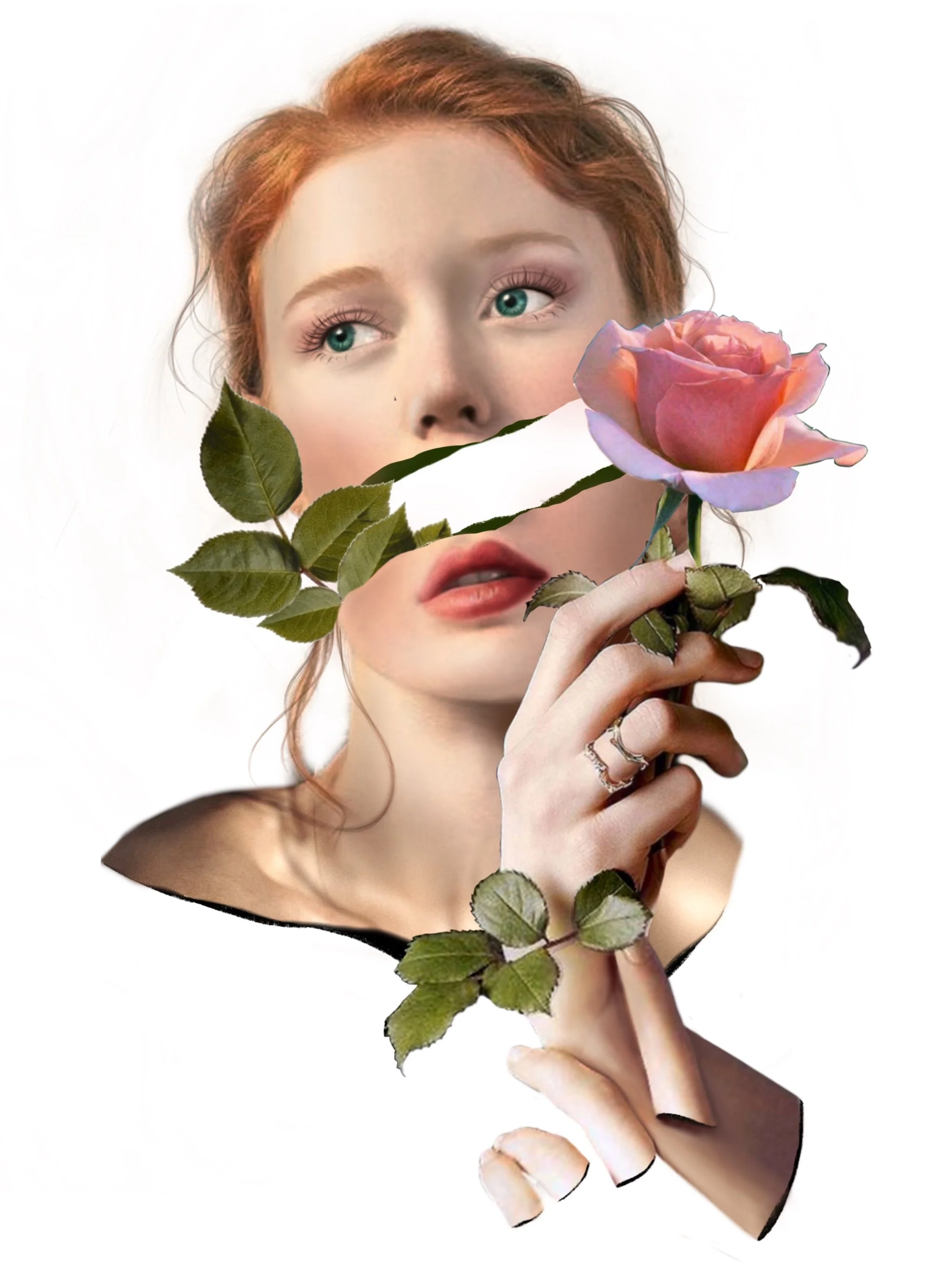 A woman with red hair and blue eyes holding a pink and orange rose with green leaves, against a white background.