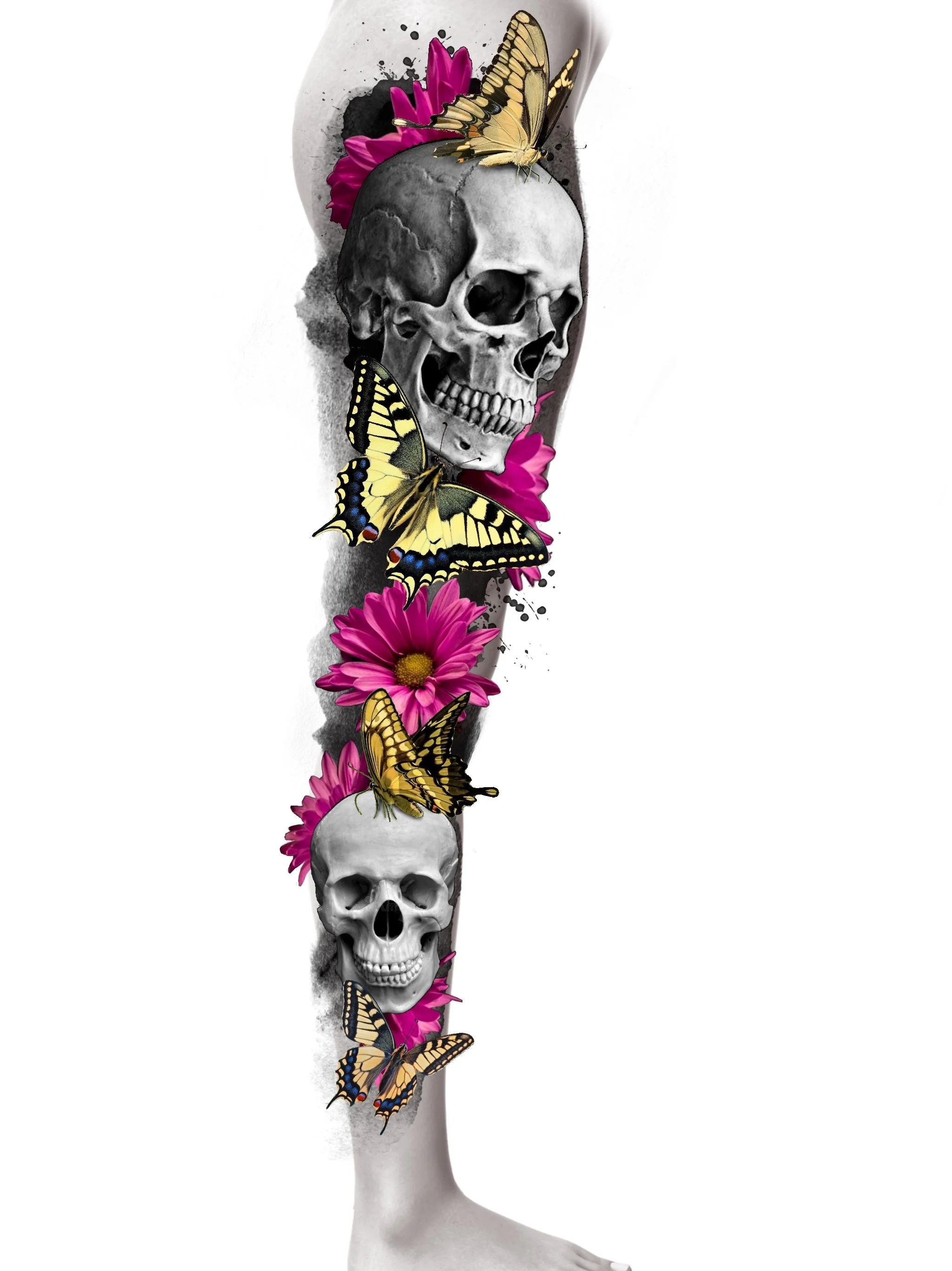 A collage of four human skulls aligned vertically, interwoven with vibrant pink flowers and yellow butterflies, against a white background.