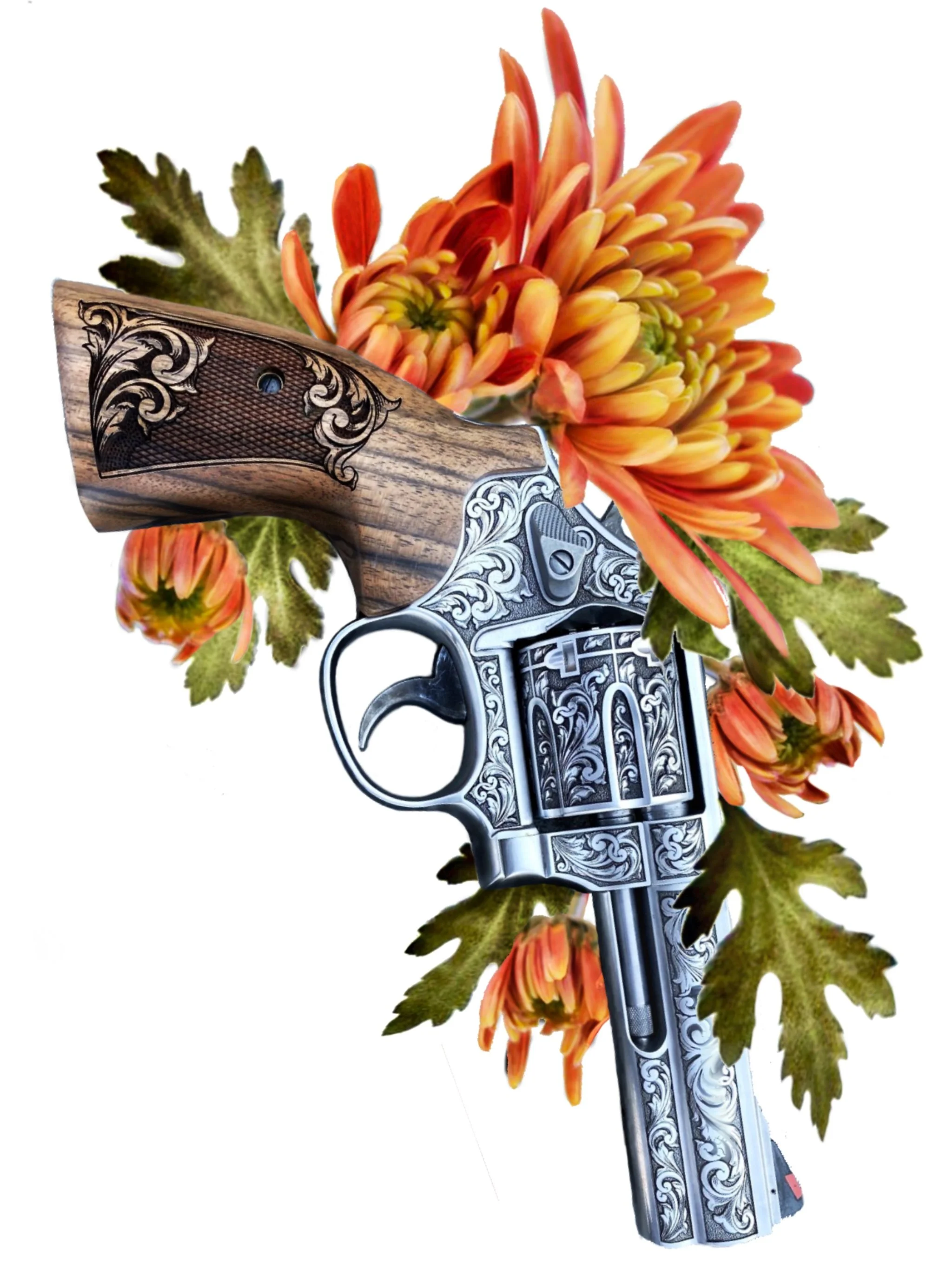 A silver engraved revolver with a wooden grip, adorned with intricate black decorative patterns, is juxtaposed with bright orange and yellow flowers and green leaves.