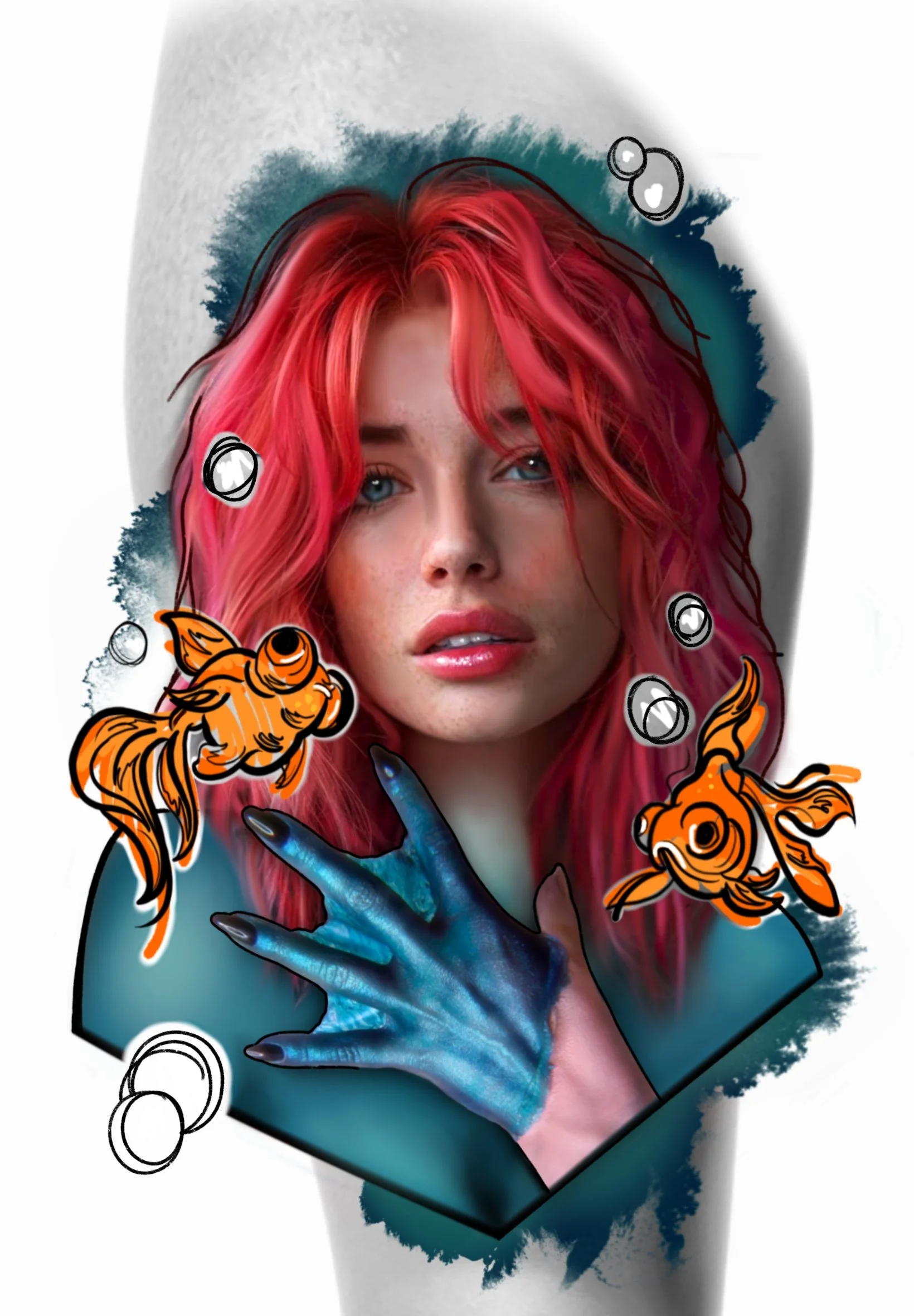 A person with bright red hair, fair skin, and blue eyes, wearing a hoodie, with their face and hand painted blue and surrounded by cartoon-style orange fish, black bubbles, and ink splashes.