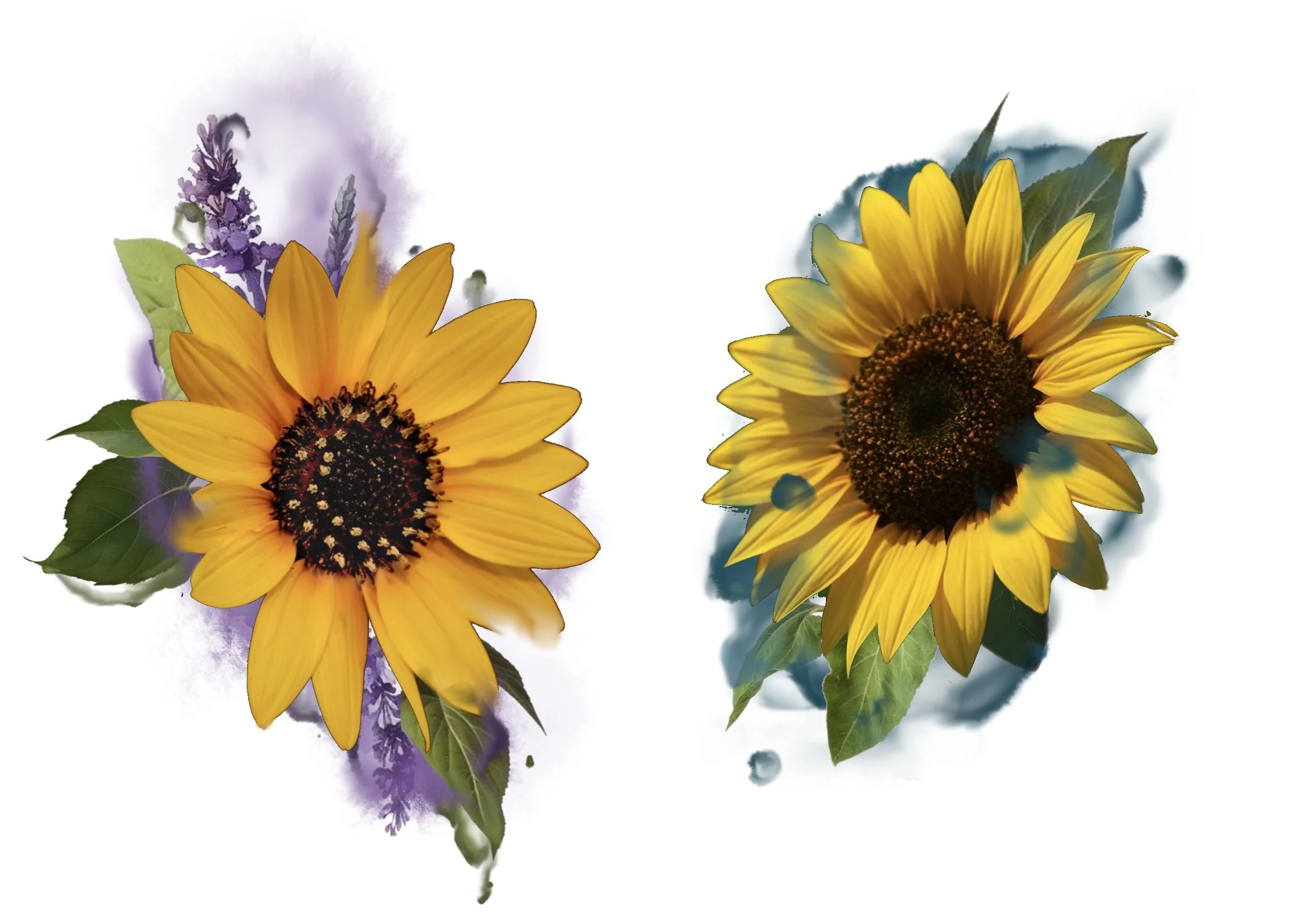 Two sunflower bouquets with green leaves, purple lavender accents, and watercolor background