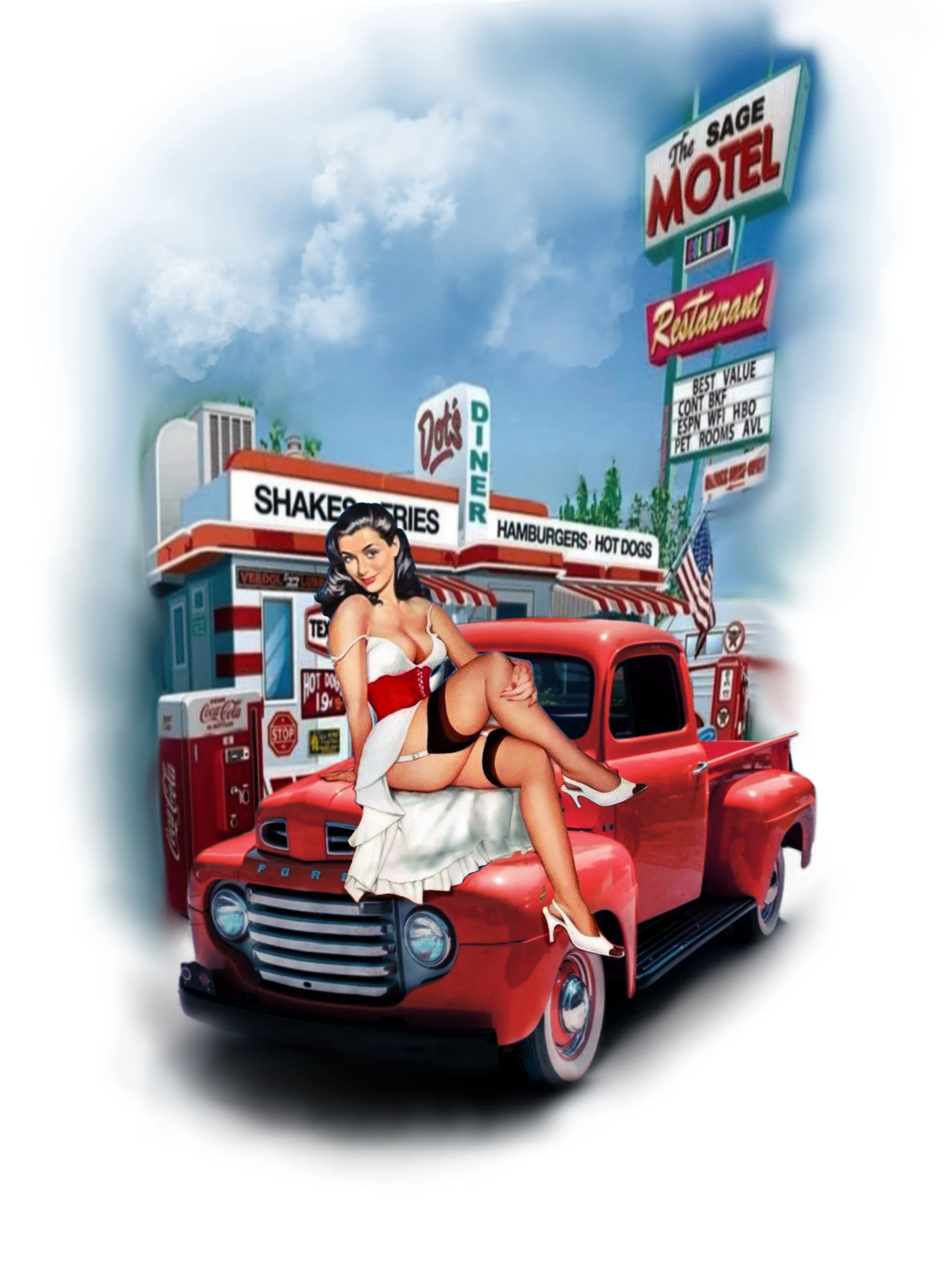 A vintage-style pin-up girl in a white and red dress sitting on the hood of a red pickup truck in front of a classic American diner and a motel sign, with a partly cloudy sky in the background.