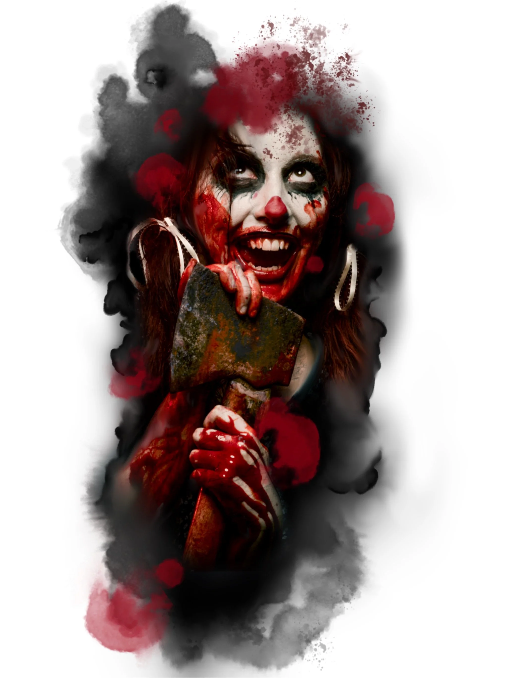 A person with clown makeup, red hair, and blood-streaked face, expressing a manic or sinister emotion, with splashes of red and black ink surrounding them.
