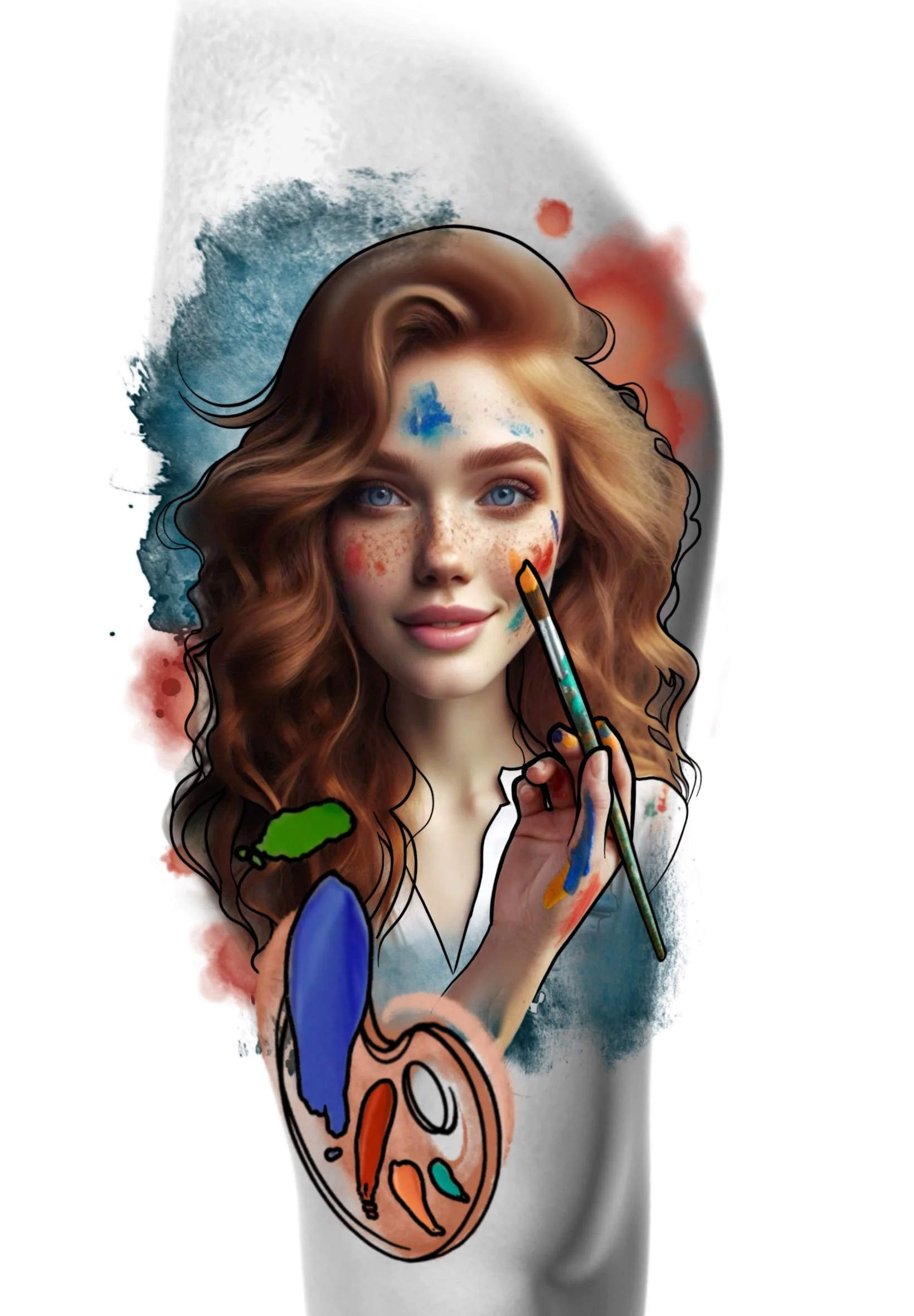 Digital illustration of a woman with red hair and blue eyes, painting colorful shapes and patterns on her face with a brush, surrounded by abstract watercolor splashes.