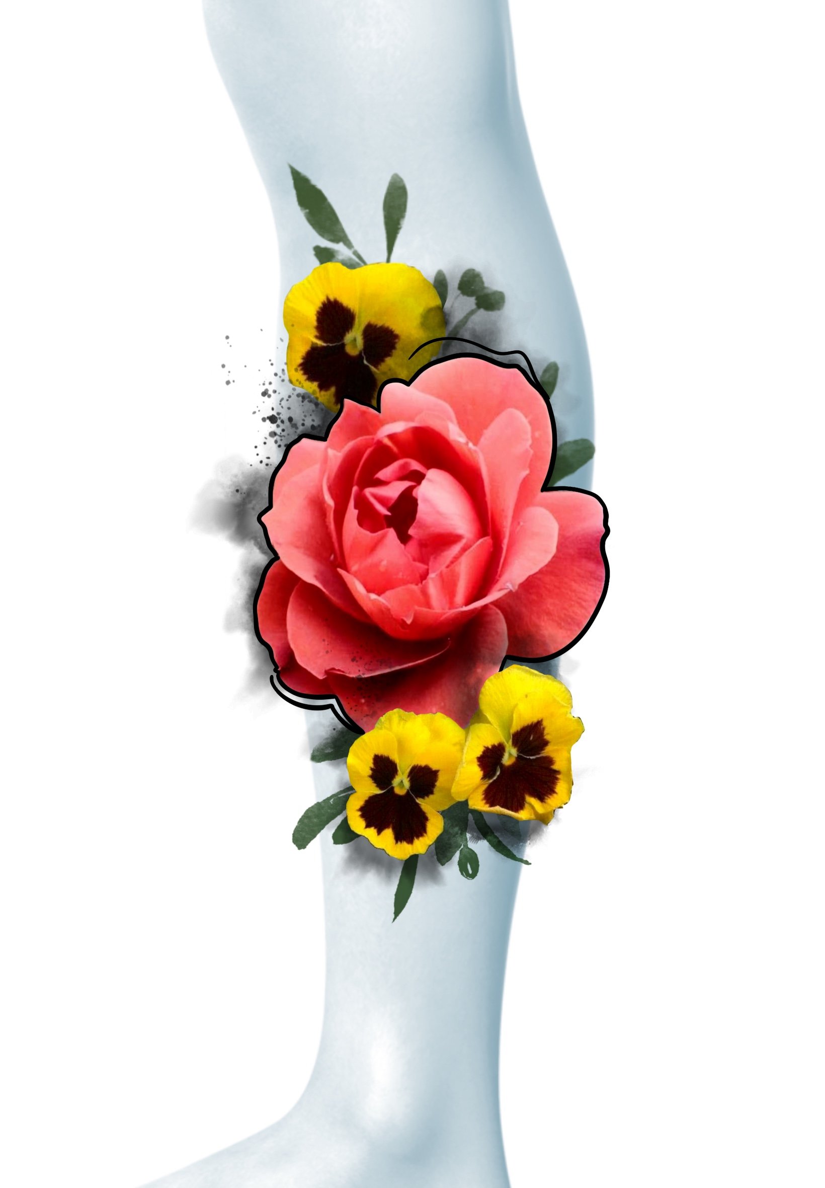 Artificial mannequin head with a floral tattoo of yellow and black pansies and pink and black roses on the side.