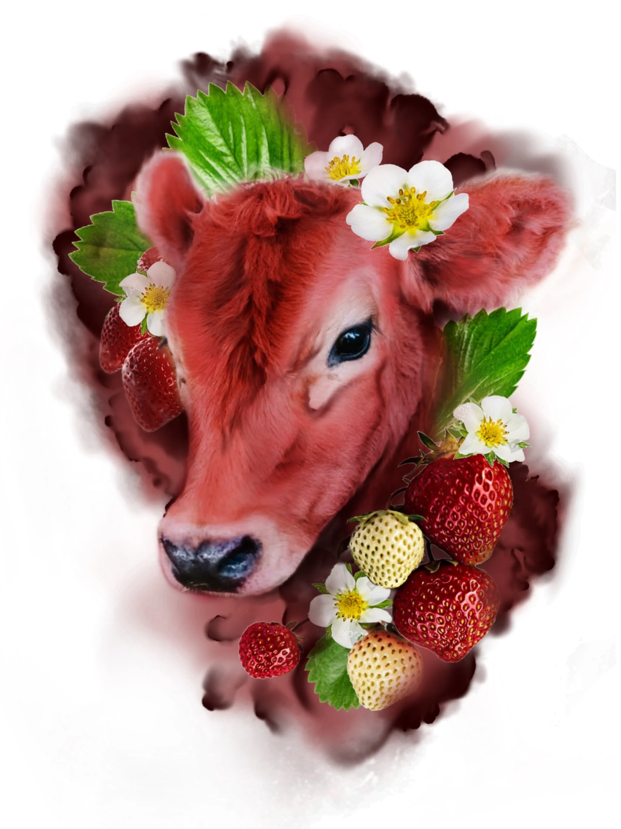 A digital collage featuring the face of a cow with strawberries, green leaves, and white cherry blossoms layered over and around it.