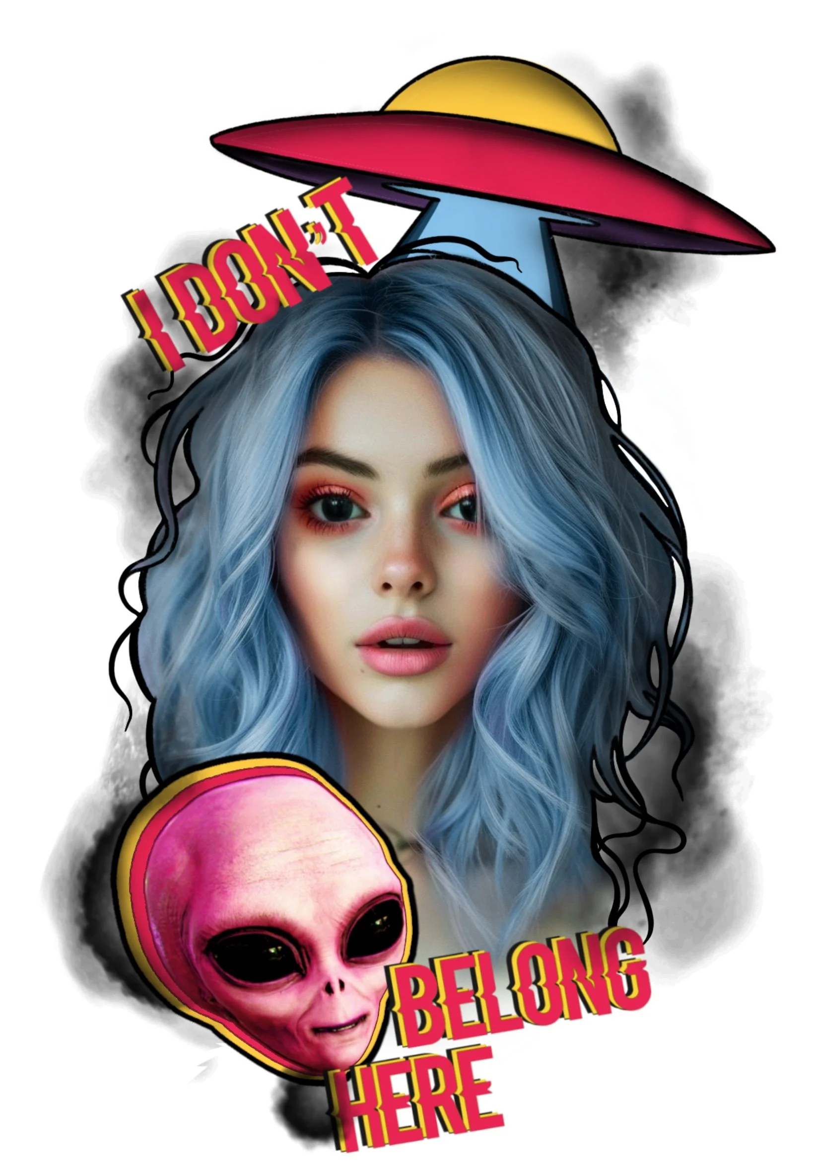 A woman with long, wavy blue hair and peach makeup. Behind her are a pink and yellow alien head and a colorful illustration of a ufo. The text reads 'I belong here' in pink and yellow letters.