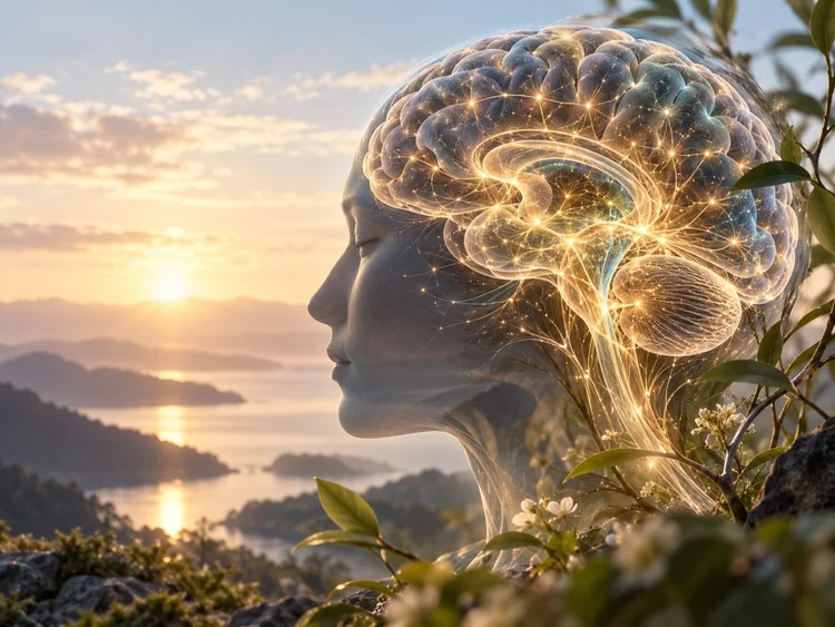 An illustration of a glowing brain inside a translucent head, over a lake at sunset