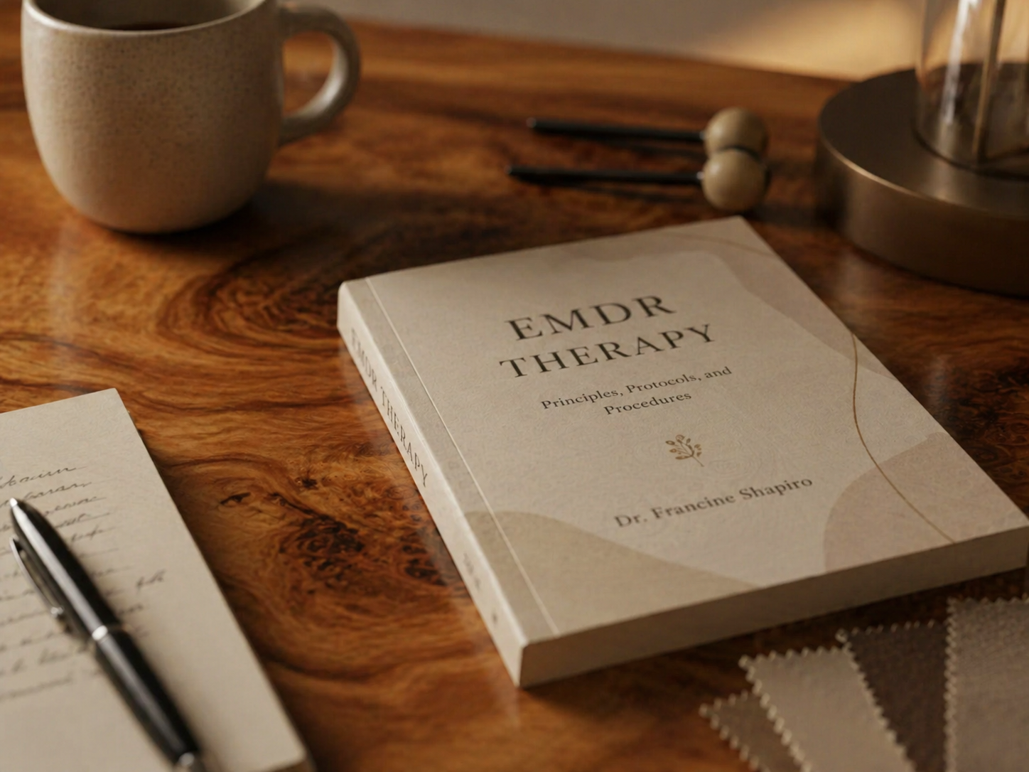 A desk scene with a book titled "EMDR Therapy" by Dr. Francine Shapiro, a white coffee mug, a notebook with handwritten notes and a pen, a pair of black chopsticks, and a metallic lampshade in the background, all on a wooden surface.