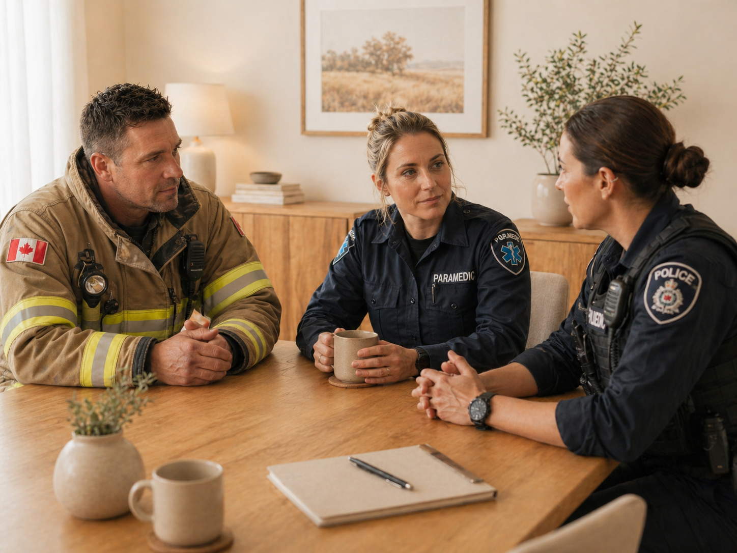 Three emergency responders, including a firefighter, paramedic, and police officer, are having a serious conversation at a wooden table in a cozy room with houseplants, a framed picture, and a lamp in the background.