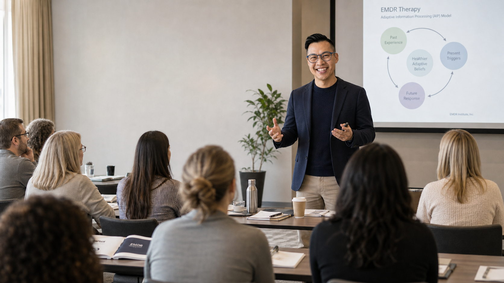 Kyle Poon, who is a registered psychologist, EMDR Trainer and Consultant, giving a presentation to a group of people in a conference room, with a slide about EMDR therapy projected on the screen.