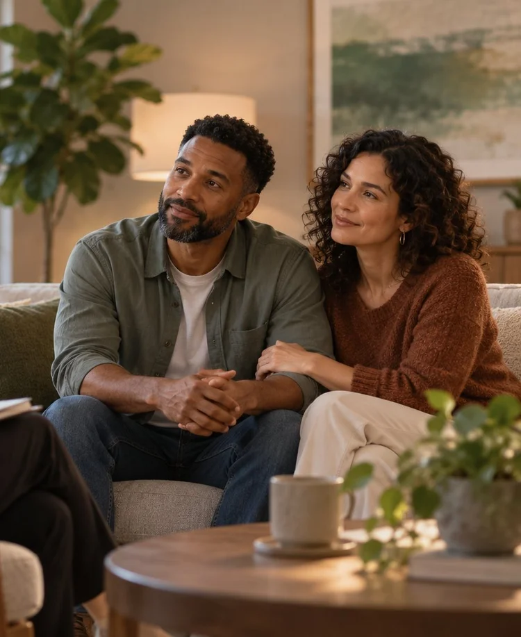 A couple sitting together at home