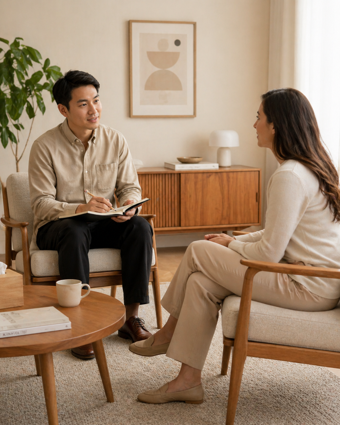 A man and woman sit across from each other in a cozy, well-decorated living room, engaging in conversation. The man is holding a notepad and pen, possibly taking notes, while the woman listens attentively.